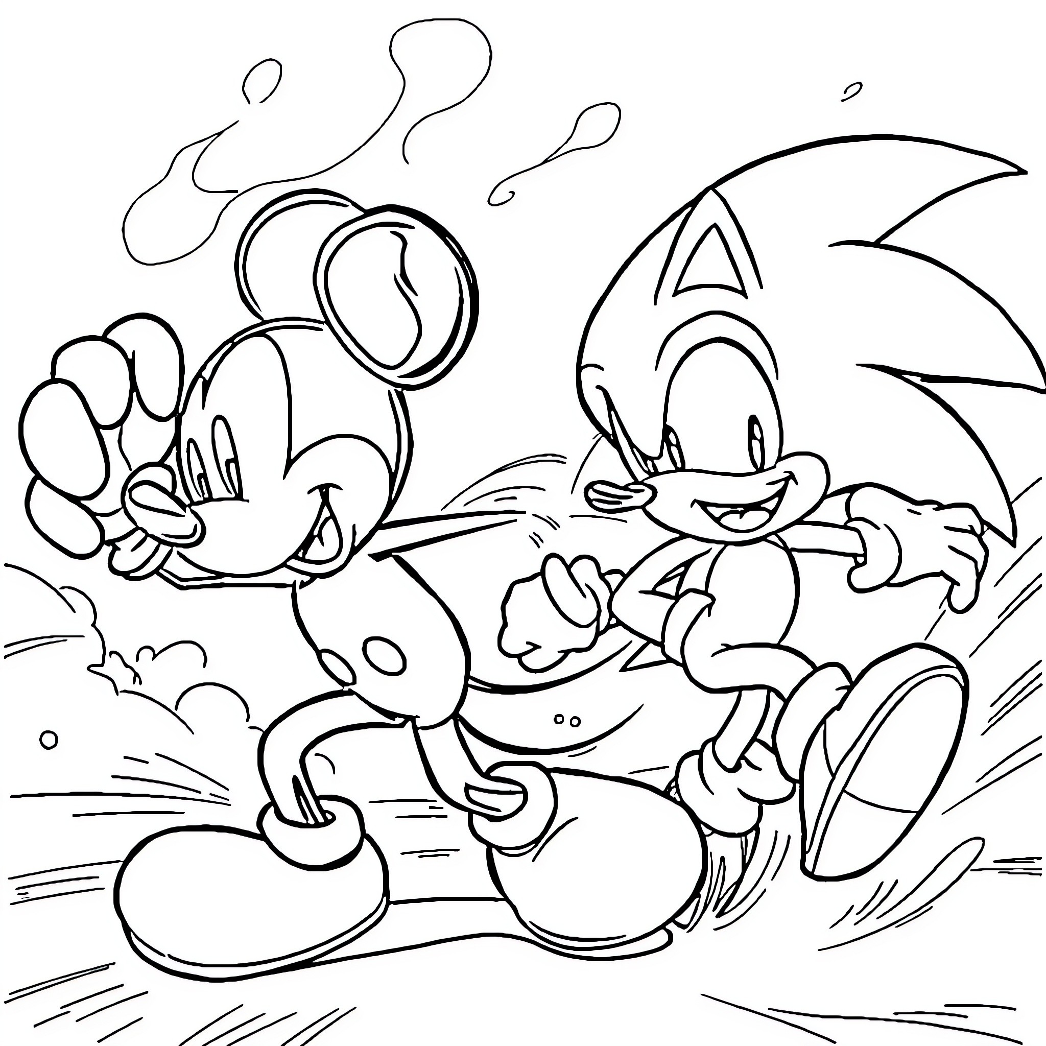 Mickey Mouse and Sonic the Hedgehog in an adventure Coloring Page (free black-and-white line drawing printable PDF for all, from beginners to advanced learners, including children, teens, adults, and seniors)