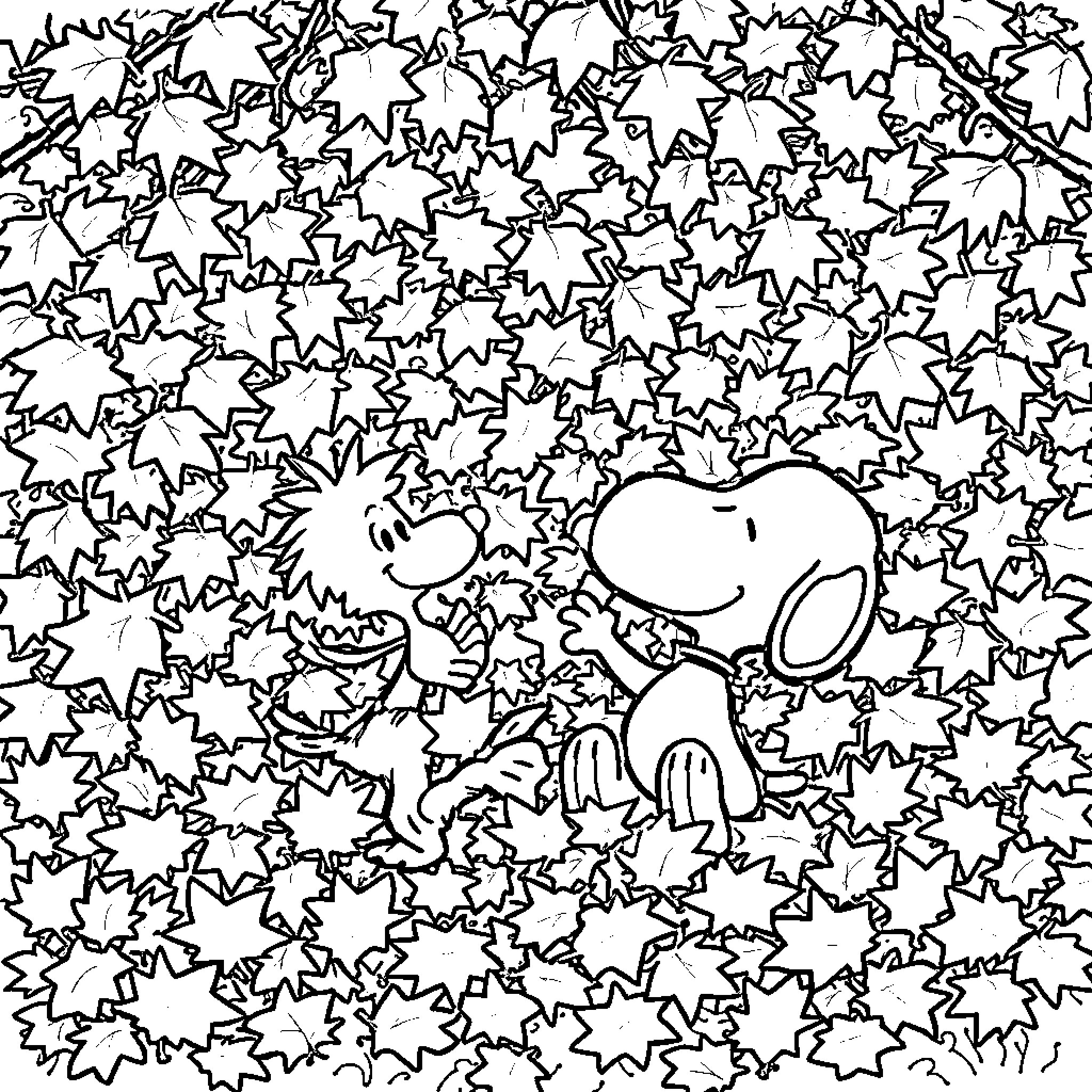 Snoopy playing amidst a field of stars Coloring Page (free black-and-white line drawing printable PDF for all, from beginners to advanced learners, including children, teens, adults, and seniors)