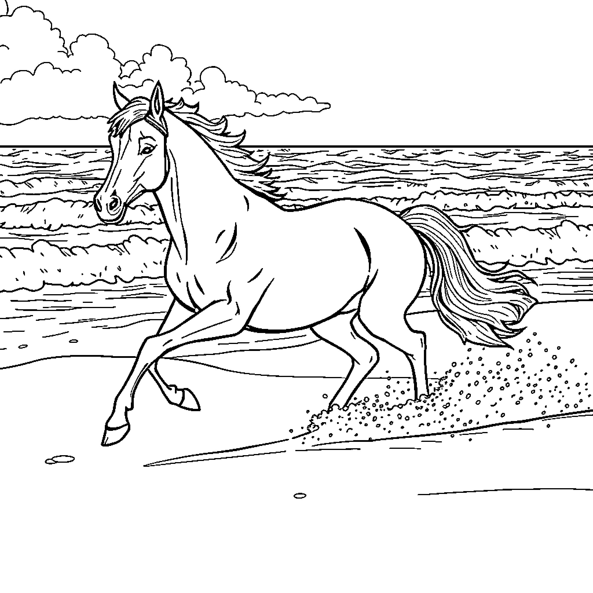 Horse running freely along the beach Coloring Page (free black-and-white line drawing printable PDF for all, from beginners to advanced learners, including children, teens, adults, and seniors)