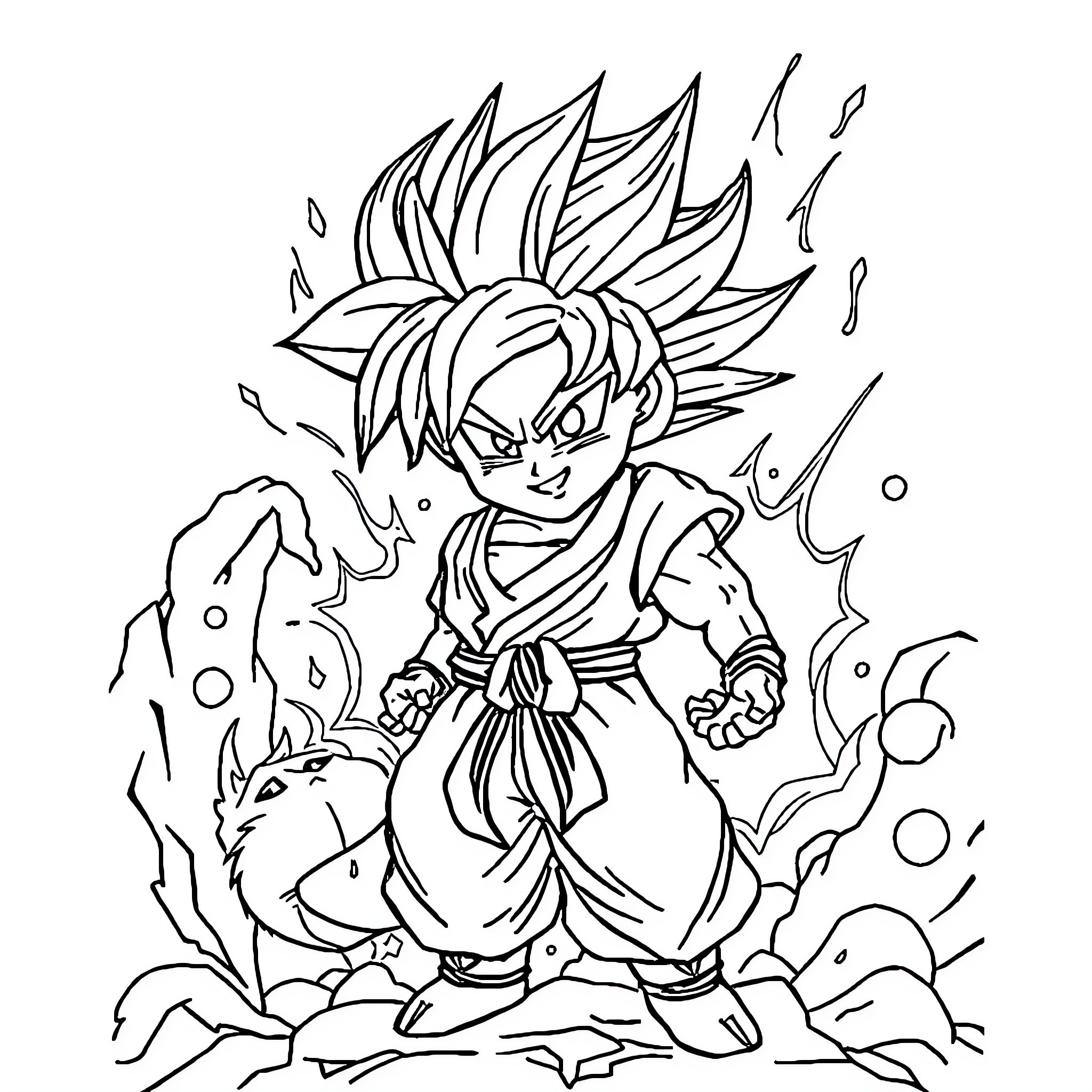 Dragon Ball Warrior in Action Pose Coloring Page (free black-and-white line drawing printable PDF for all, from beginners to advanced learners, including children, teens, adults, and seniors)