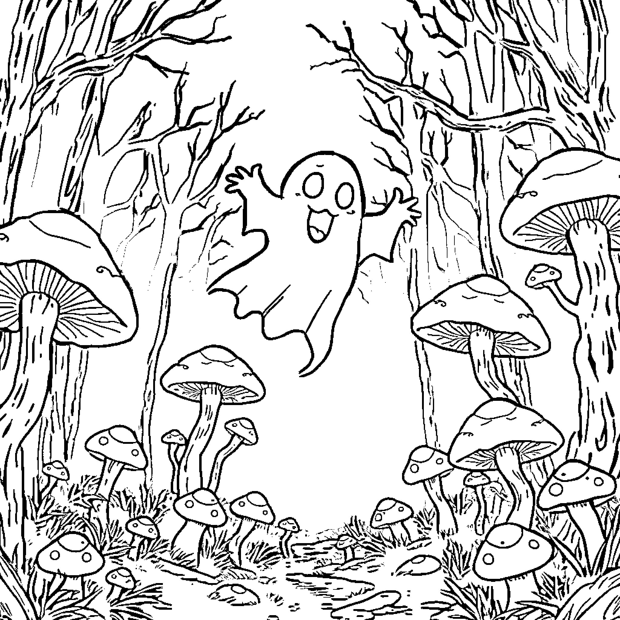 Ghost Floating Amidst Mushrooms in Spooky Forest Coloring Page (free black-and-white line drawing printable PDF for all, from beginners to advanced learners, including children, teens, adults, and seniors)