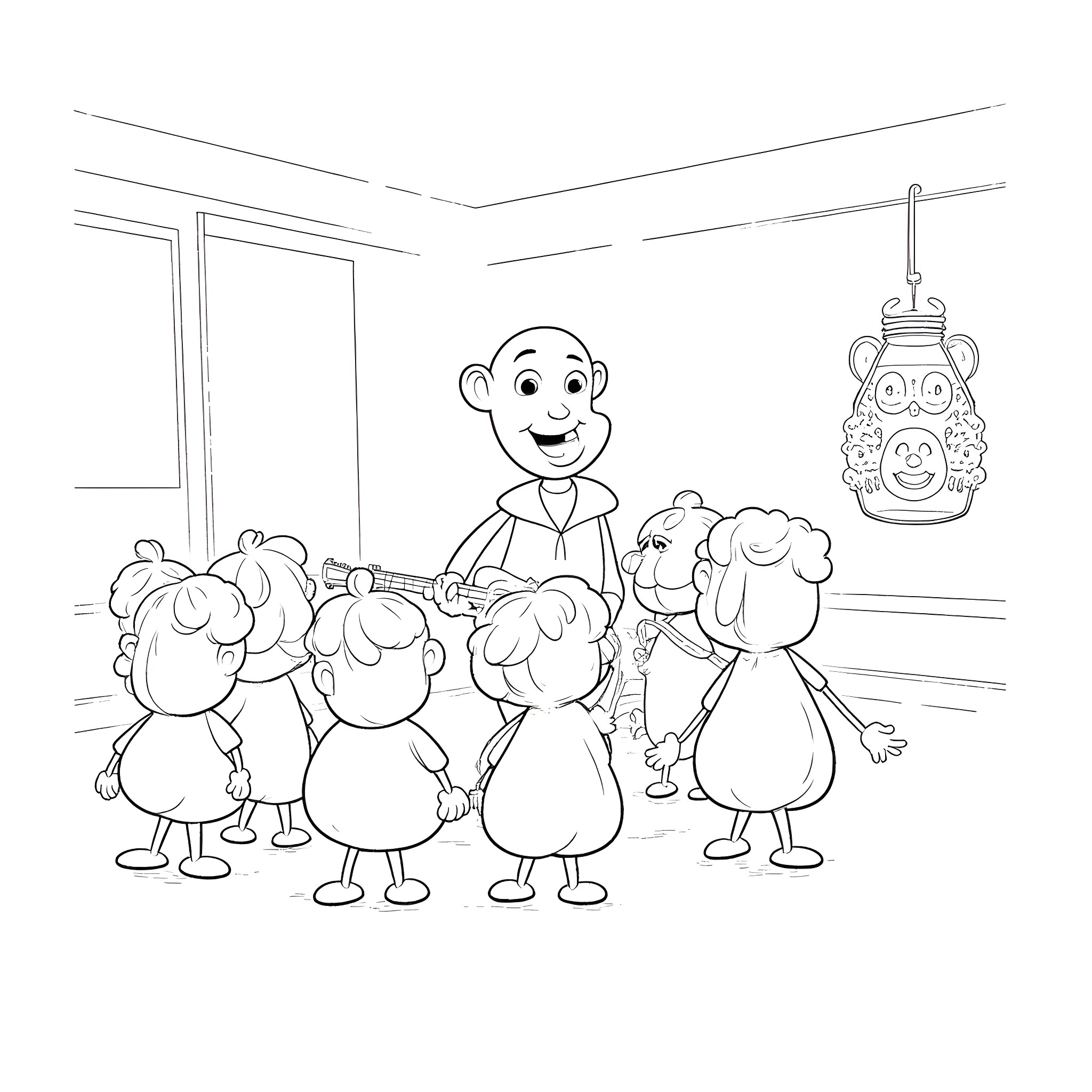 Teacher engaging animated students in classroom Coloring Page (free black-and-white line drawing printable PDF for all, from beginners to advanced learners, including children, teens, adults, and seniors)