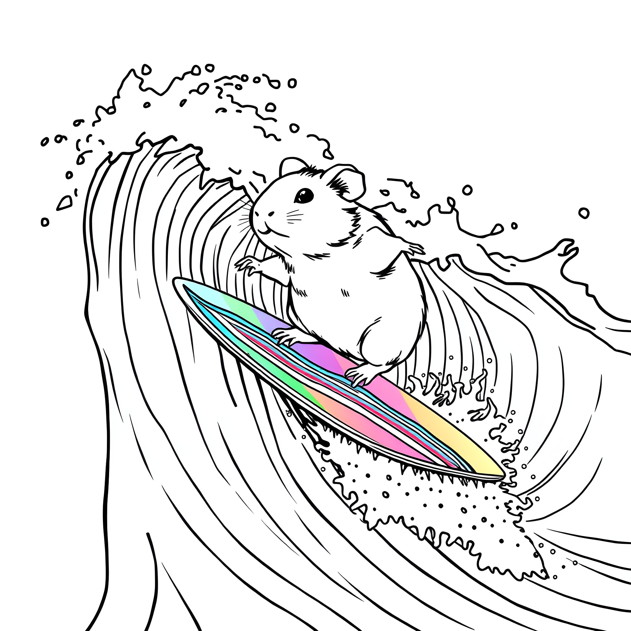Guinea Pig Surfing on Colorful Waves Coloring Page (free black-and-white line drawing printable PDF for all, from beginners to advanced learners, including children, teens, adults, and seniors)
