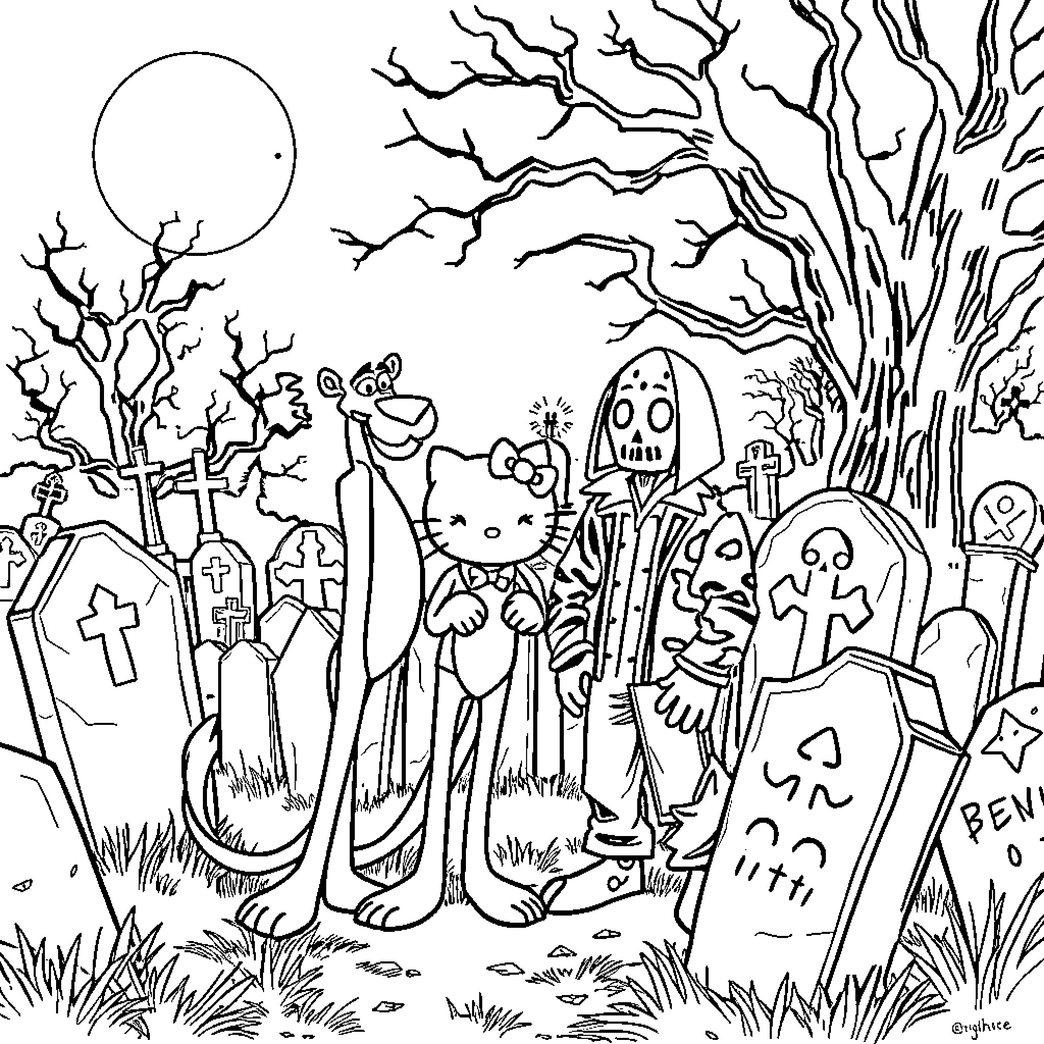 Pink Panther's Spooky Halloween Adventure Coloring Page (free black-and-white line drawing printable PDF for all, from beginners to advanced learners, including children, teens, adults, and seniors)