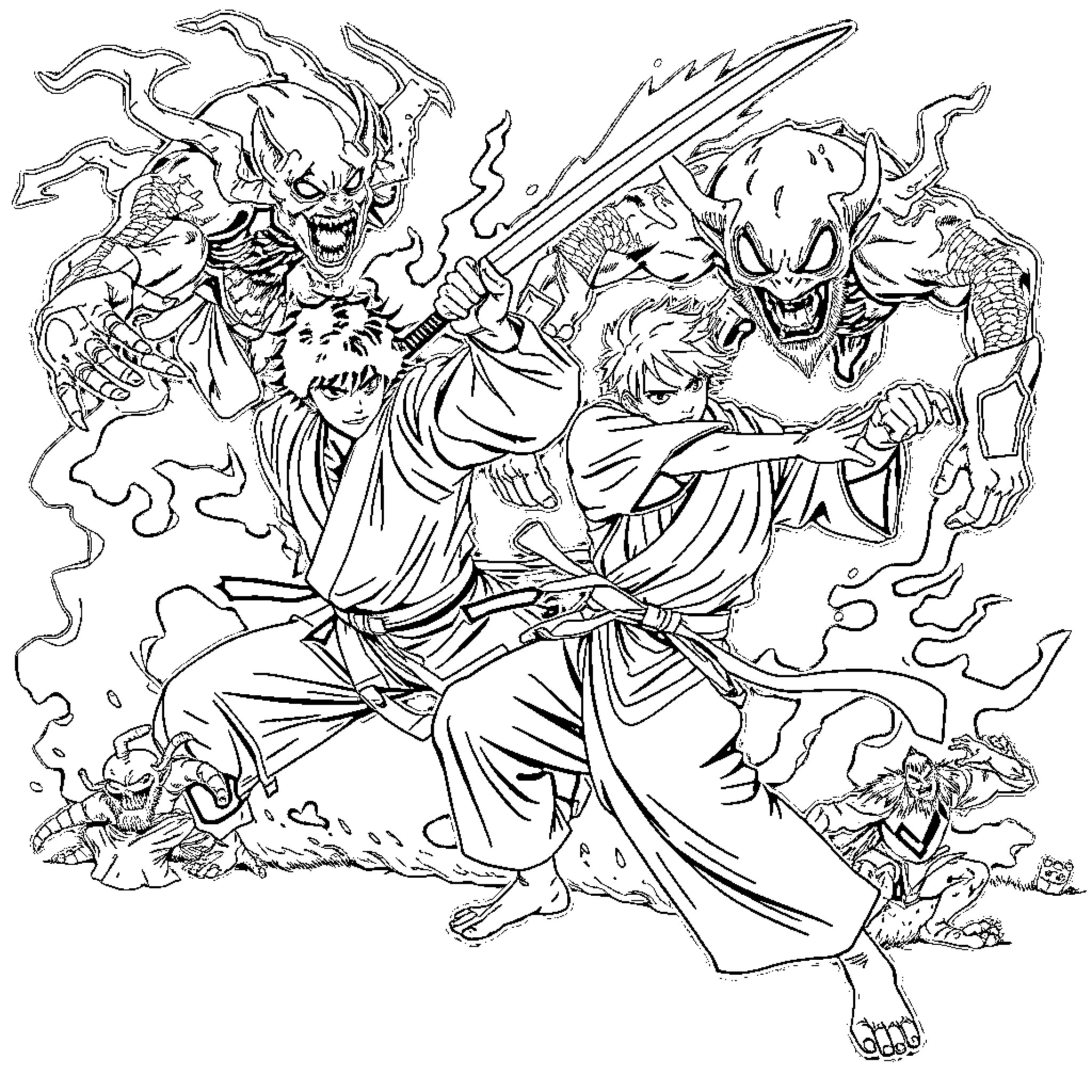 Brother Battling Formidable Demons in Fierce Combat Coloring Page (free black-and-white line drawing printable PDF for all, from beginners to advanced learners, including children, teens, adults, and seniors)