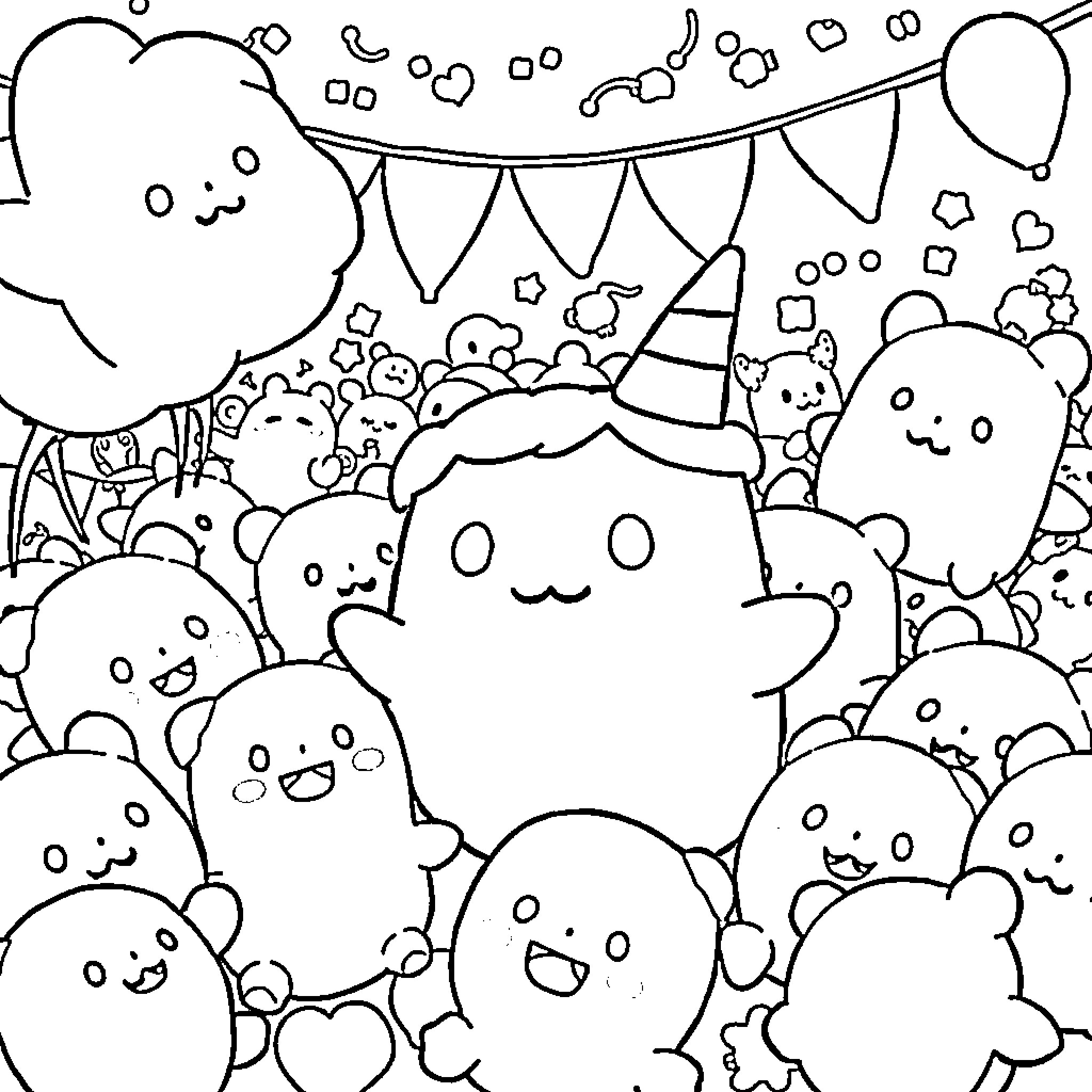 Squishmallow characters in a playful party scene Coloring Page (free black-and-white line drawing printable PDF for all, from beginners to advanced learners, including children, teens, adults, and seniors)