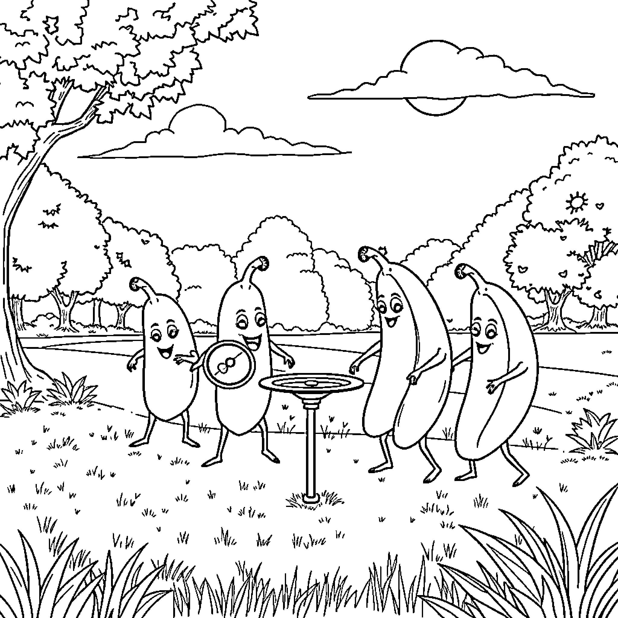 Banana Buddies Enjoying Outdoor Fun Coloring Page (free black-and-white line drawing printable PDF for all, from beginners to advanced learners, including children, teens, adults, and seniors)