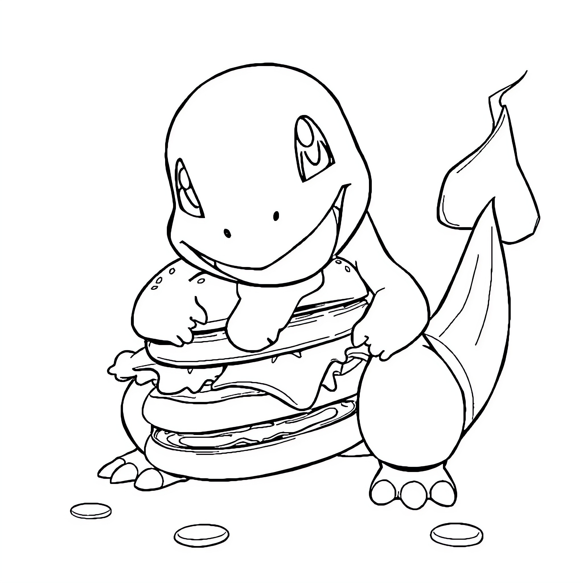 Charmander enjoying a tasty burger Coloring Page (free black-and-white line drawing printable PDF for all, from beginners to advanced learners, including children, teens, adults, and seniors)