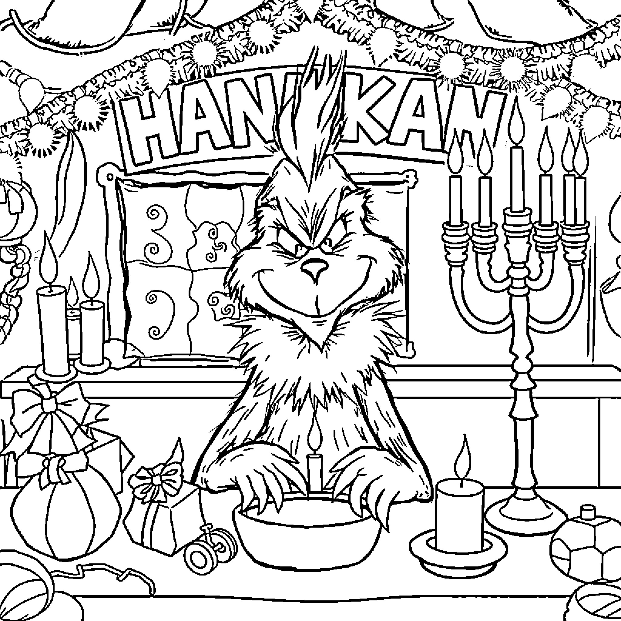 Grinch decorating home for Hanukkah celebration Coloring Page (free black-and-white line drawing printable PDF for all, from beginners to advanced learners, including children, teens, adults, and seniors)