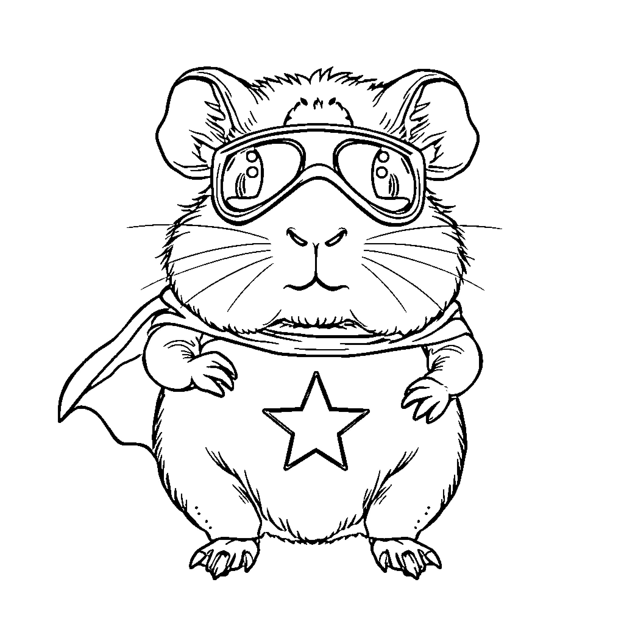 Guinea Pig wearing goggles and costume Coloring Page (free black-and-white line drawing printable PDF for all, from beginners to advanced learners, including children, teens, adults, and seniors)
