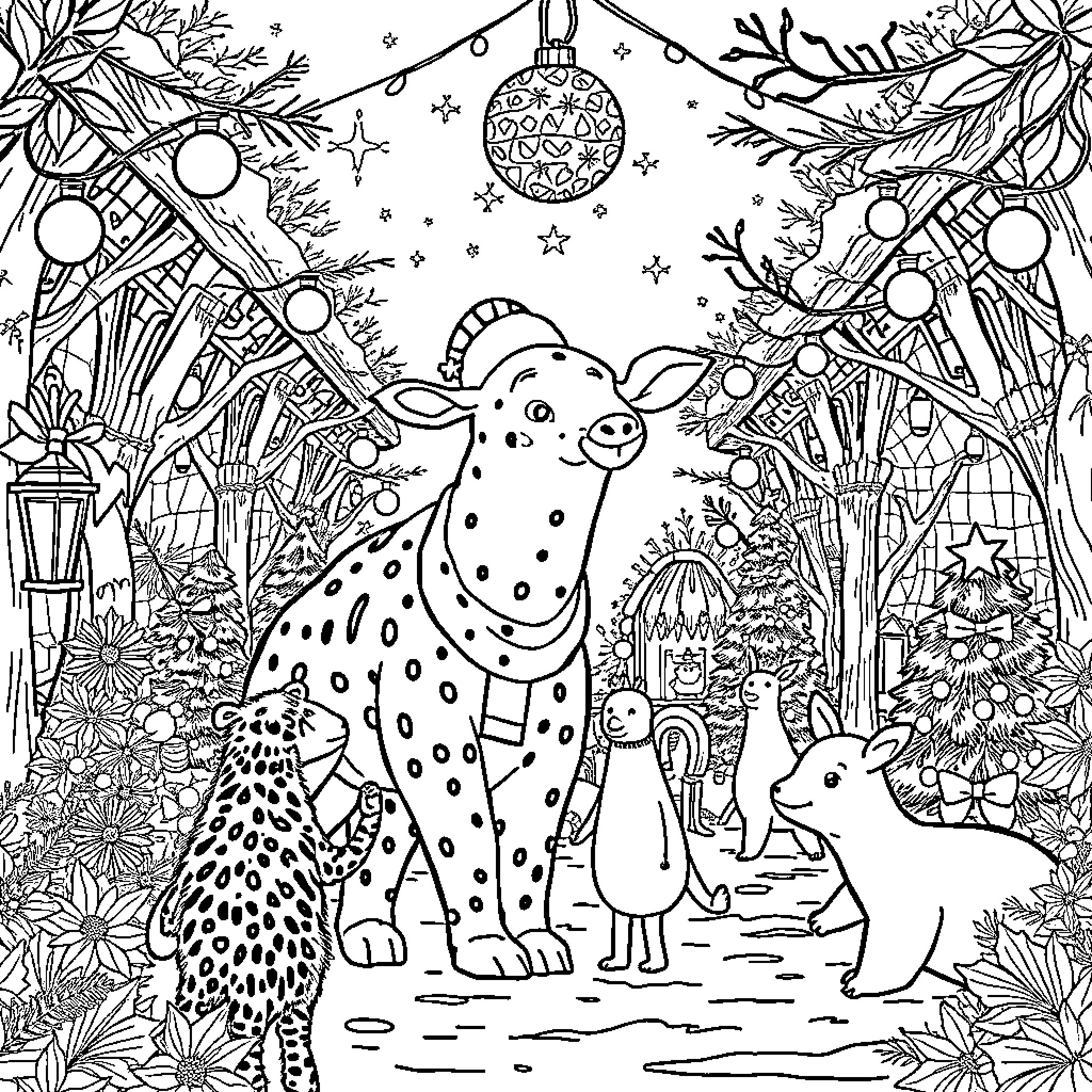 Zoo Animals in Winter Wonderland Coloring Page (free black-and-white line drawing printable PDF for all, from beginners to advanced learners, including children, teens, adults, and seniors)
