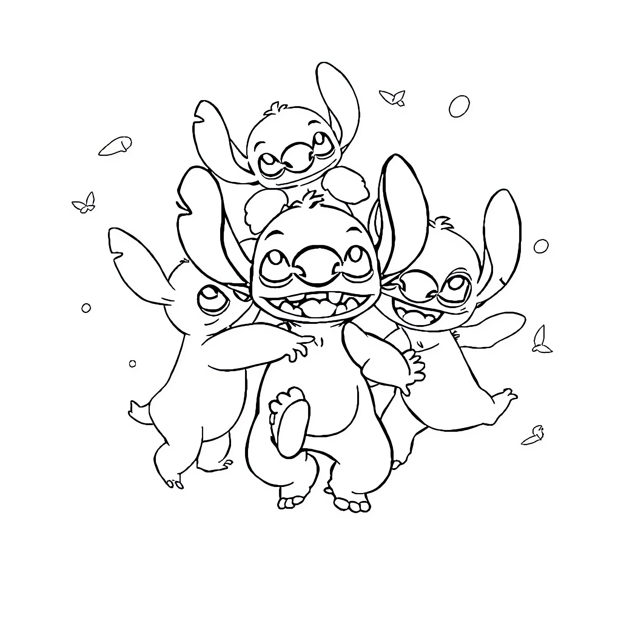 Stitch and family having a joyful embrace Coloring Page (free black-and-white line drawing printable PDF for all, from beginners to advanced learners, including children, teens, adults, and seniors)
