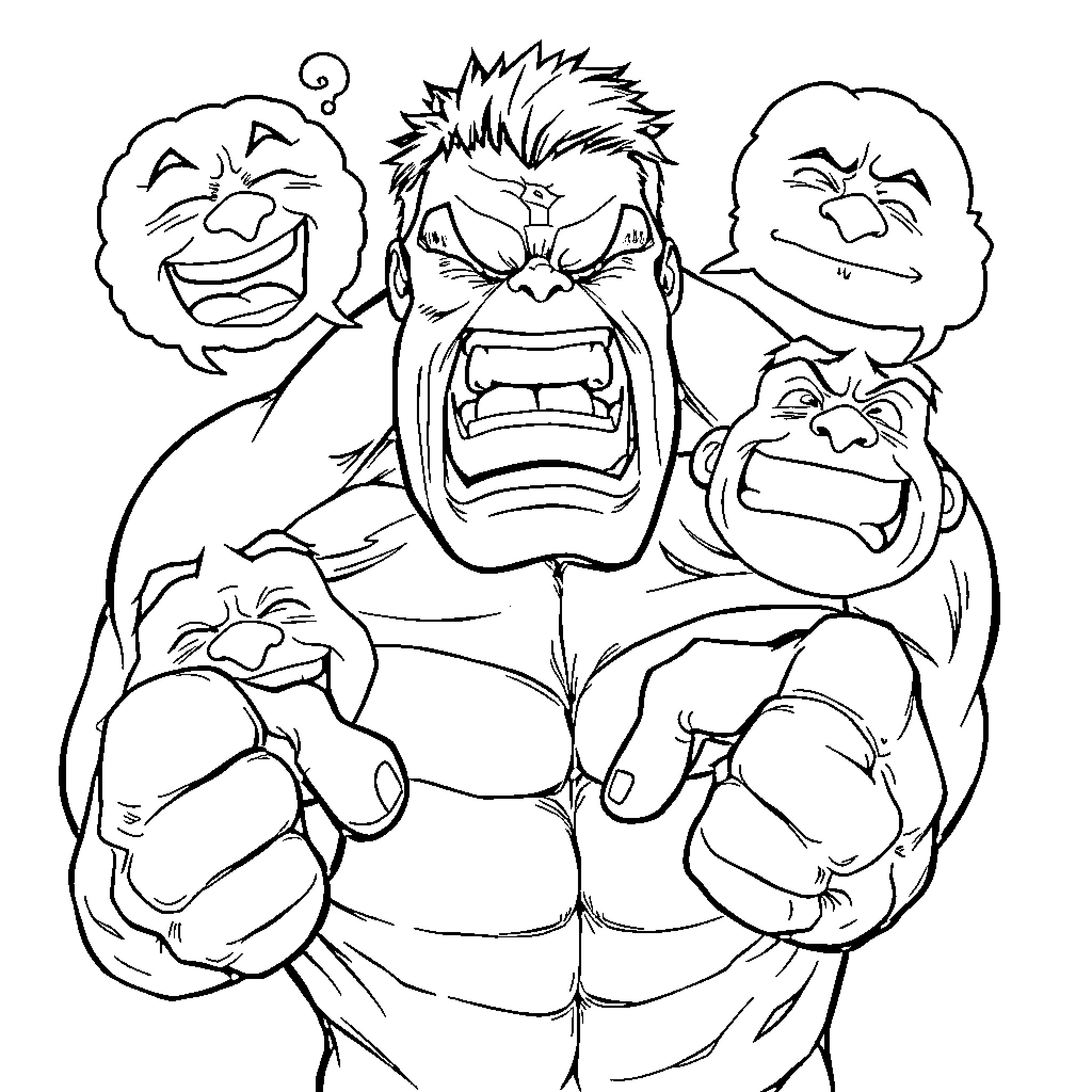 Hulk's Fierce Expressions and Emotions Coloring Page (free black-and-white line drawing printable PDF for all, from beginners to advanced learners, including children, teens, adults, and seniors)