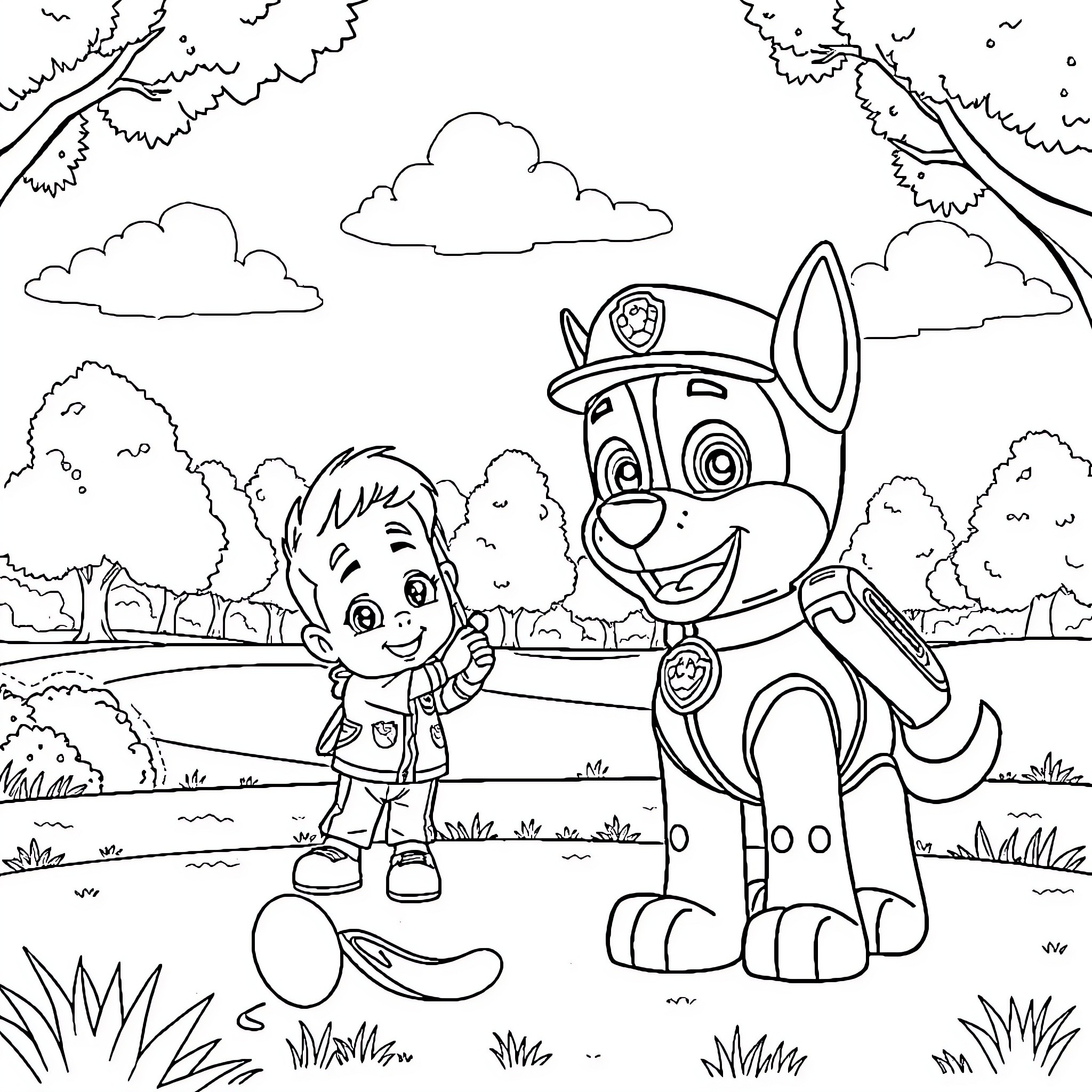 Chase through the Paw Patrol Park Coloring Page (free black-and-white line drawing printable PDF for all, from beginners to advanced learners, including children, teens, adults, and seniors)