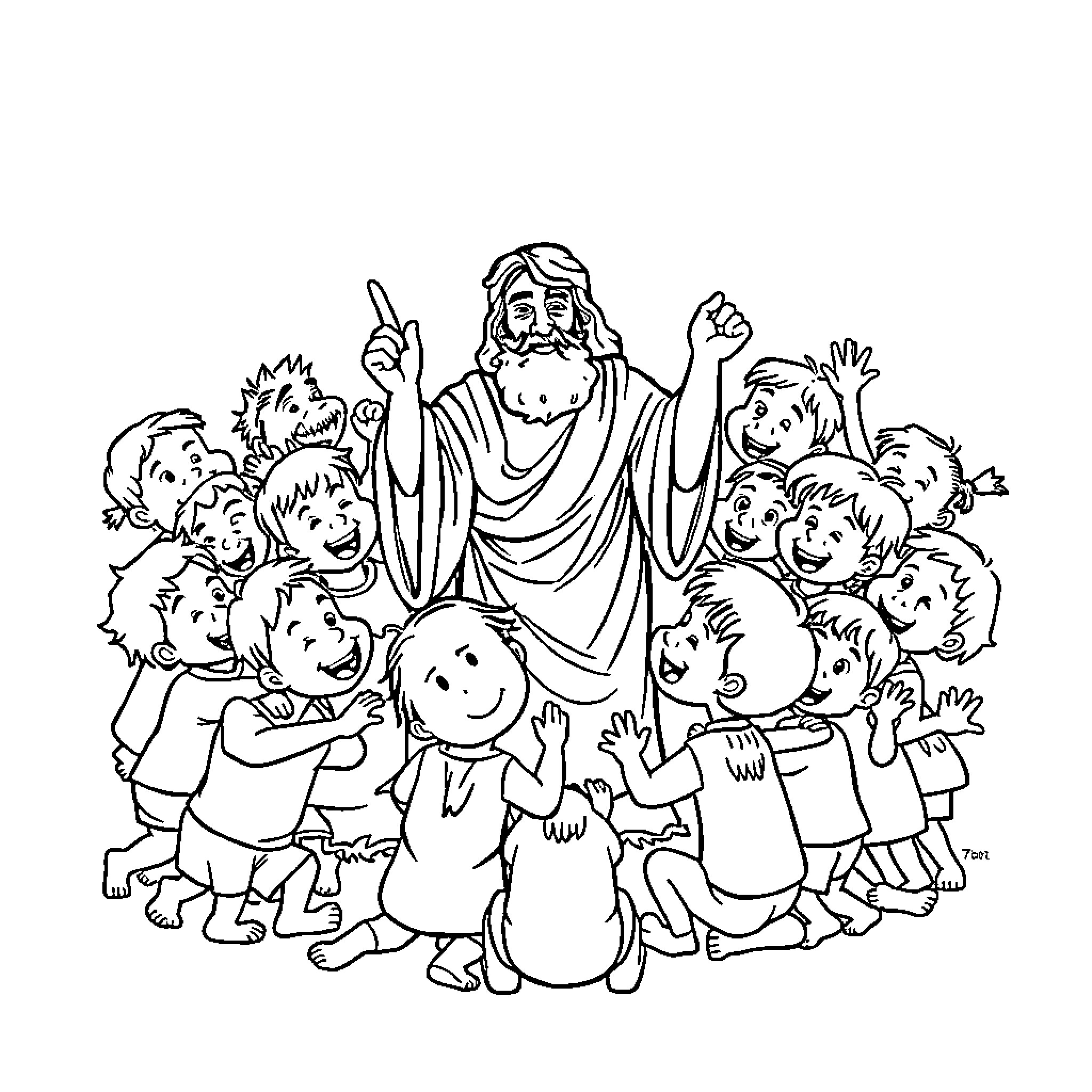 Abraham teaching and surrounded by joyful children Coloring Page (free black-and-white line drawing printable PDF for all, from beginners to advanced learners, including children, teens, adults, and seniors)