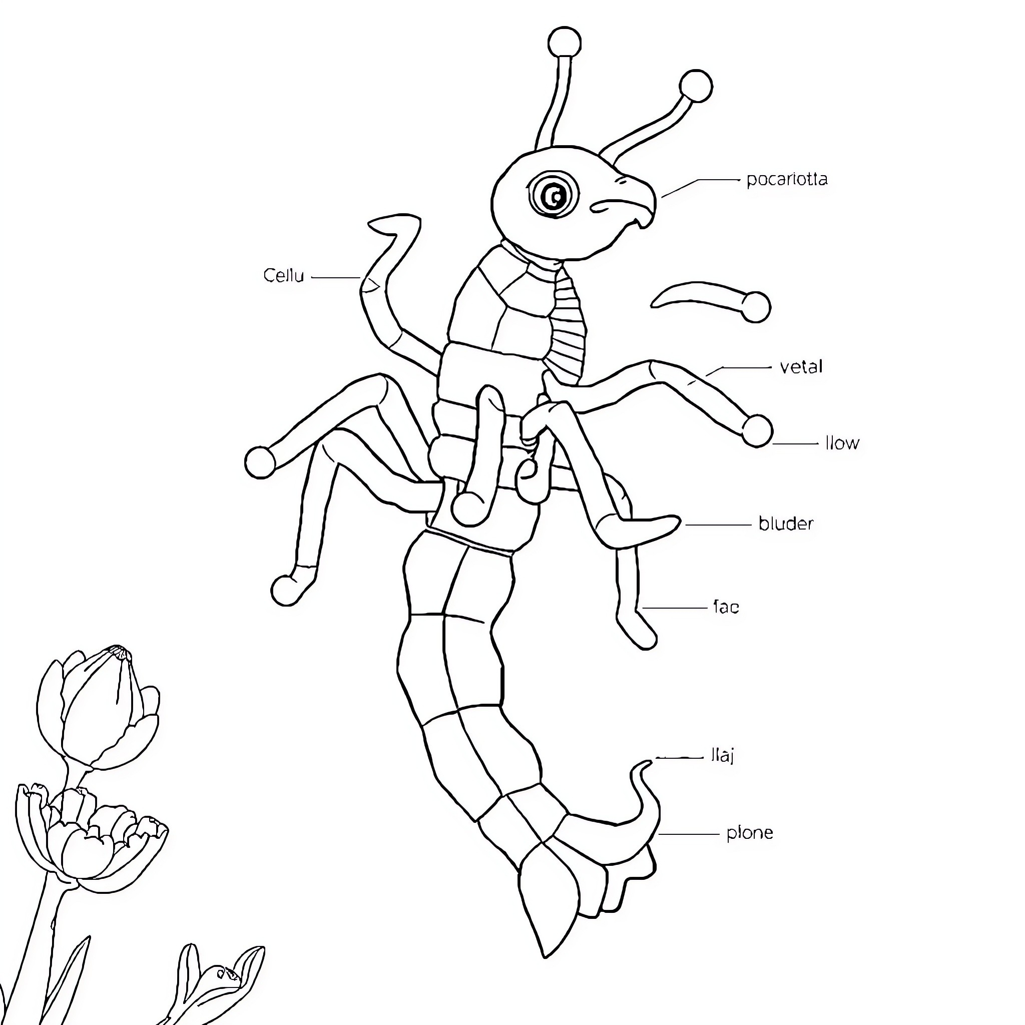 Cell Diagram of a Whimsical Alien-Like Creature Coloring Page (free black-and-white line drawing printable PDF for all, from beginners to advanced learners, including children, teens, adults, and seniors)