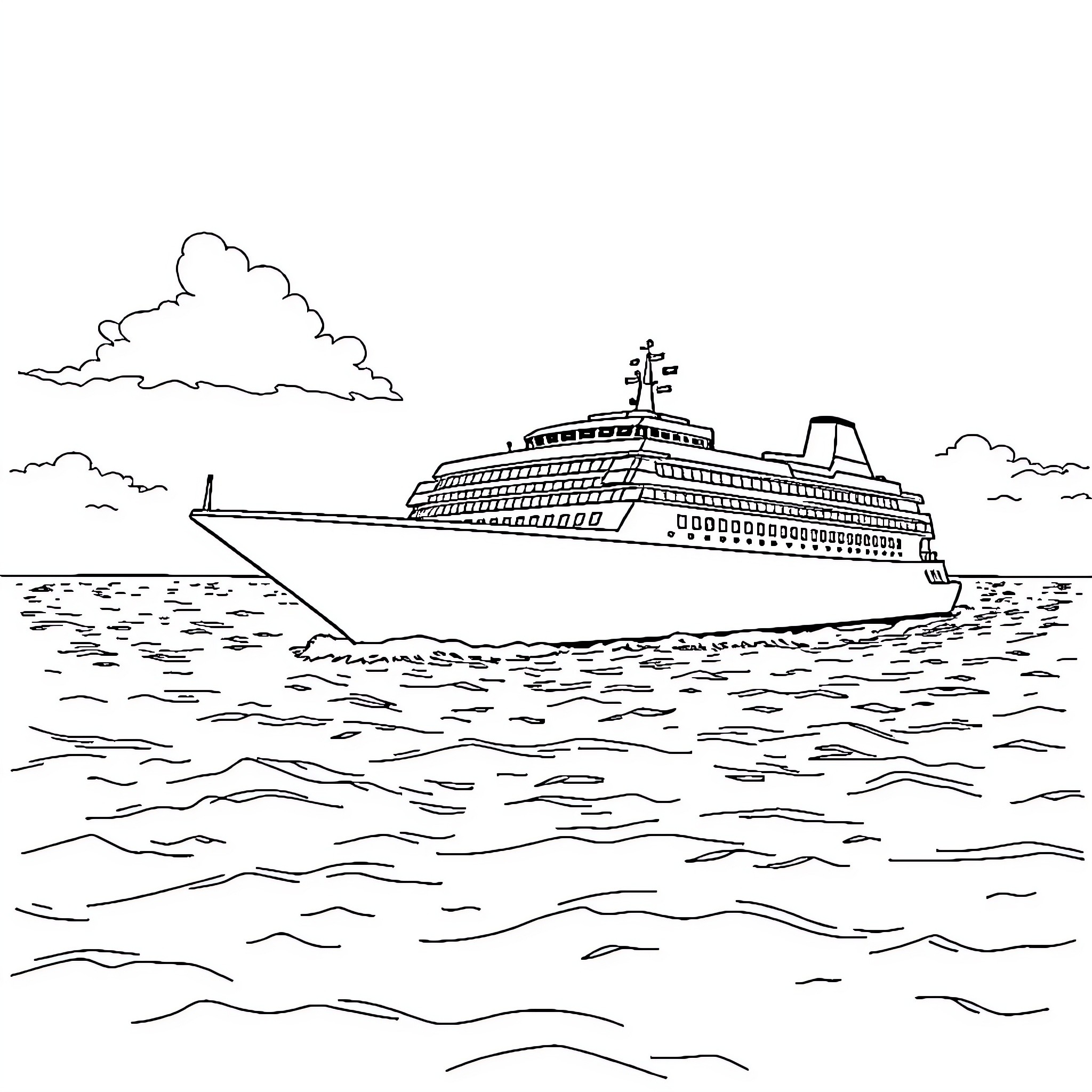 Cruise Ship Sailing Across the Open Sea Coloring Page (free black-and-white line drawing printable PDF for all, from beginners to advanced learners, including children, teens, adults, and seniors)
