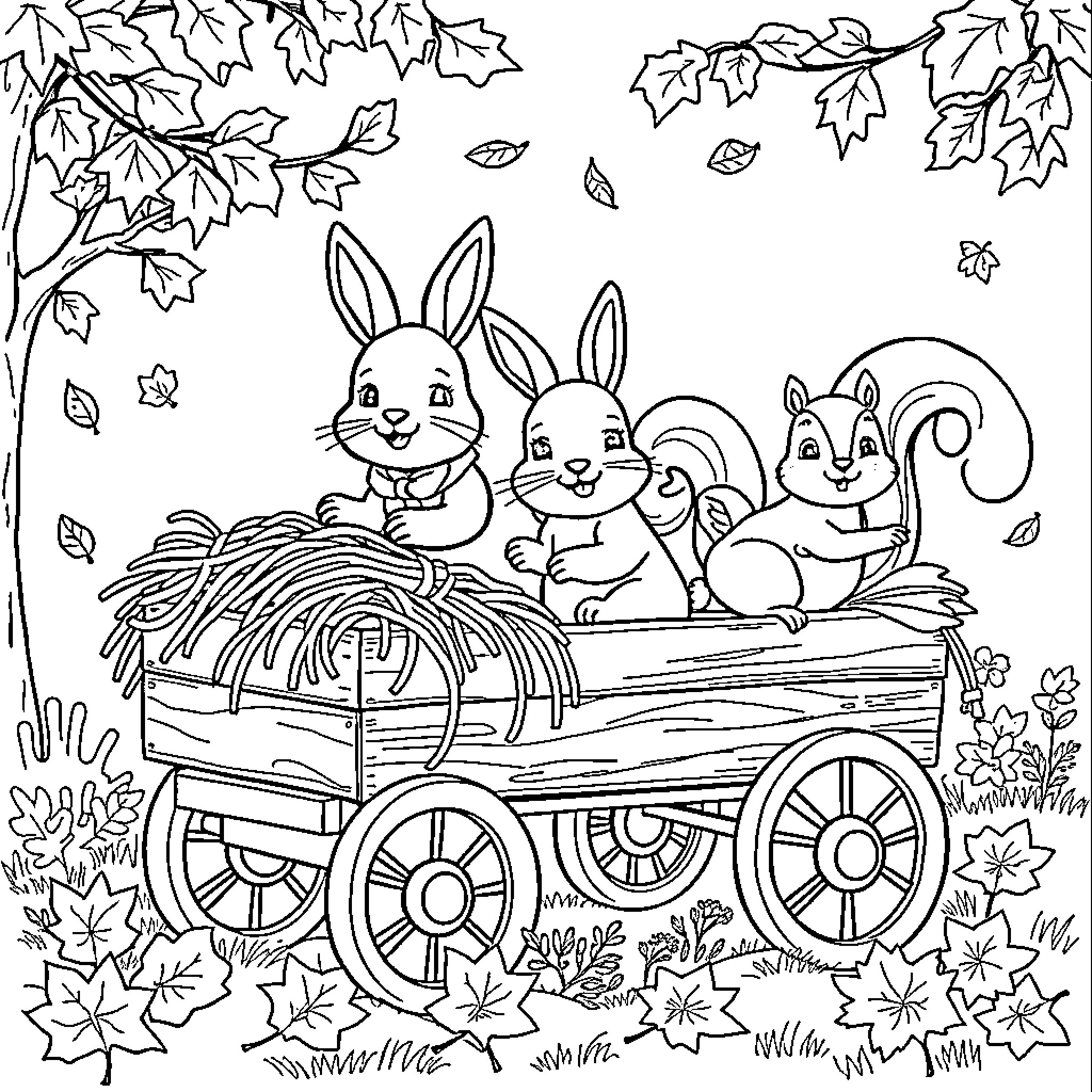 Animal friends enjoying a fall wagon ride Coloring Page (free black-and-white line drawing printable PDF for all, from beginners to advanced learners, including children, teens, adults, and seniors)