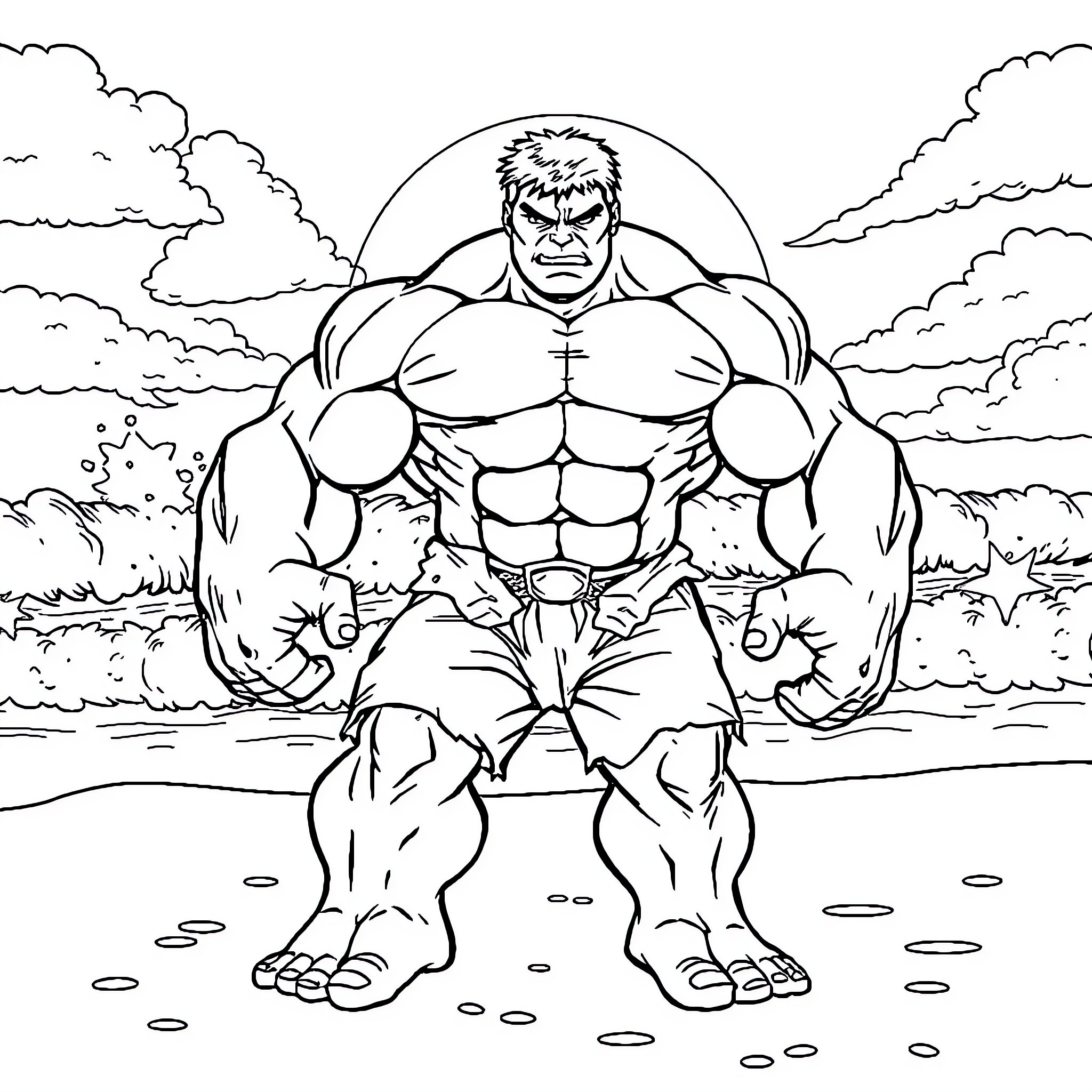 Hulk standing tall in the wilderness Coloring Page (free black-and-white line drawing printable PDF for all, from beginners to advanced learners, including children, teens, adults, and seniors)