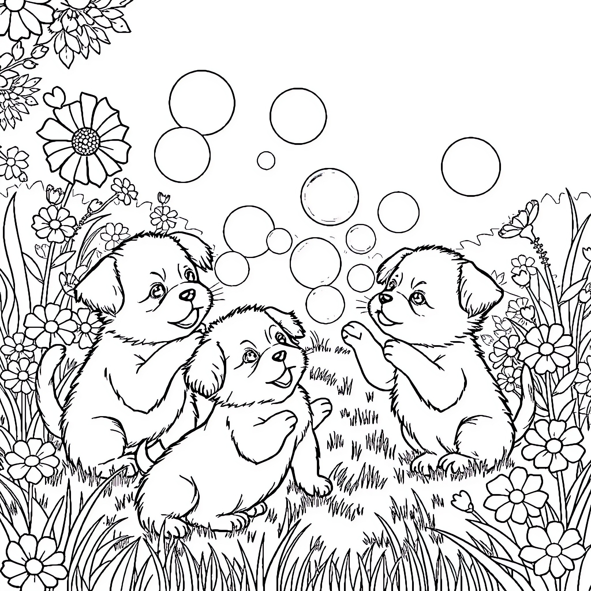 Puppies Playing Joyfully in Floral Garden Coloring Page (free black-and-white line drawing printable PDF for all, from beginners to advanced learners, including children, teens, adults, and seniors)