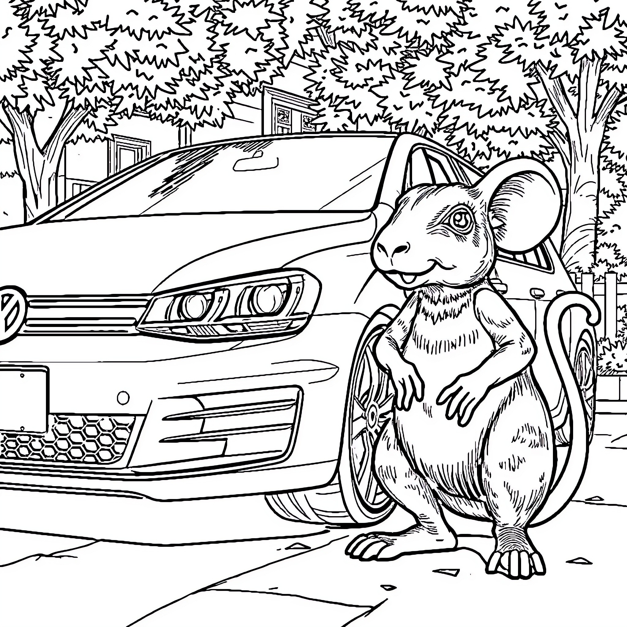 Volkswagen automobile and a friendly creature in the neighborhood Coloring Page (free black-and-white line drawing printable PDF for all, from beginners to advanced learners, including children, teens, adults, and seniors)