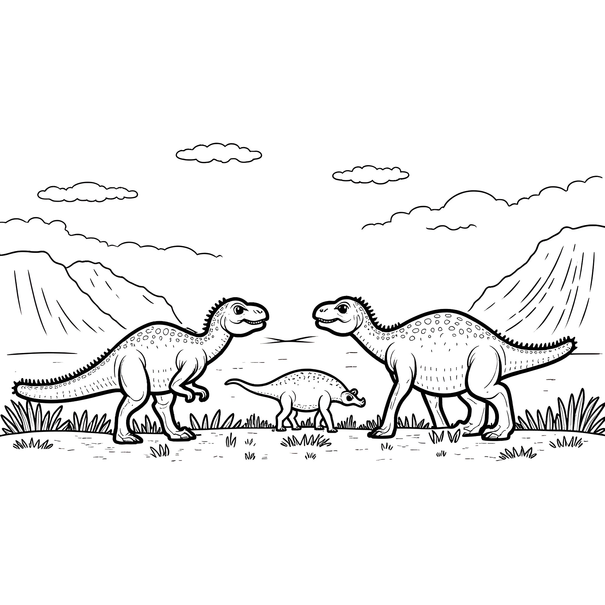 Dinosaurs roaming through a prehistoric landscape Coloring Page (free black-and-white line drawing printable PDF for all, from beginners to advanced learners, including children, teens, adults, and seniors)