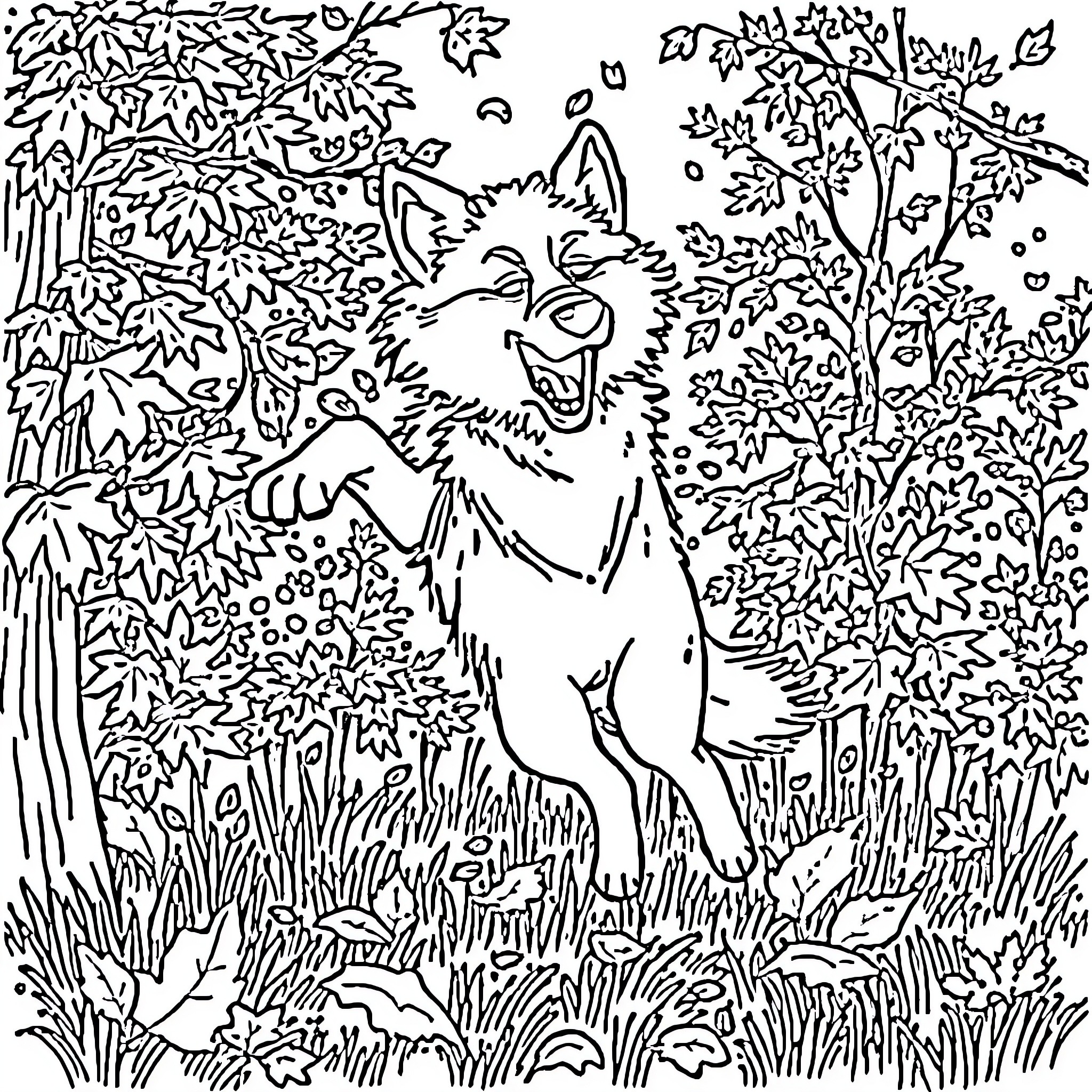 Wolf playing in the forest Coloring Page (free black-and-white line drawing printable PDF for all, from beginners to advanced learners, including children, teens, adults, and seniors)