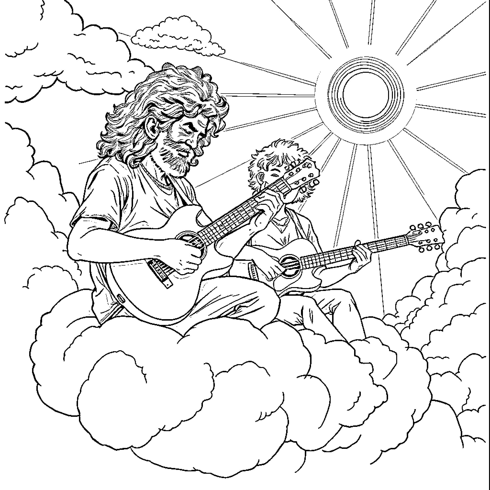 Jerry Garcia and his companion play guitars in the clouds Coloring Page (free black-and-white line drawing printable PDF for all, from beginners to advanced learners, including children, teens, adults, and seniors)