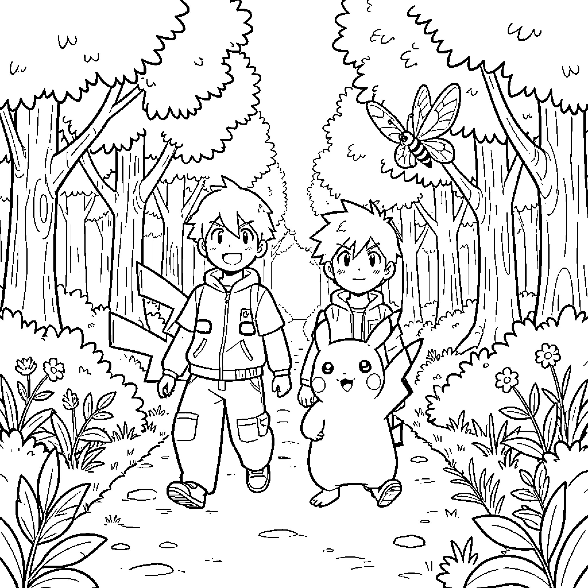 Pikachu walking on a forest path with two boys Coloring Page (free black-and-white line drawing printable PDF for all, from beginners to advanced learners, including children, teens, adults, and seniors)