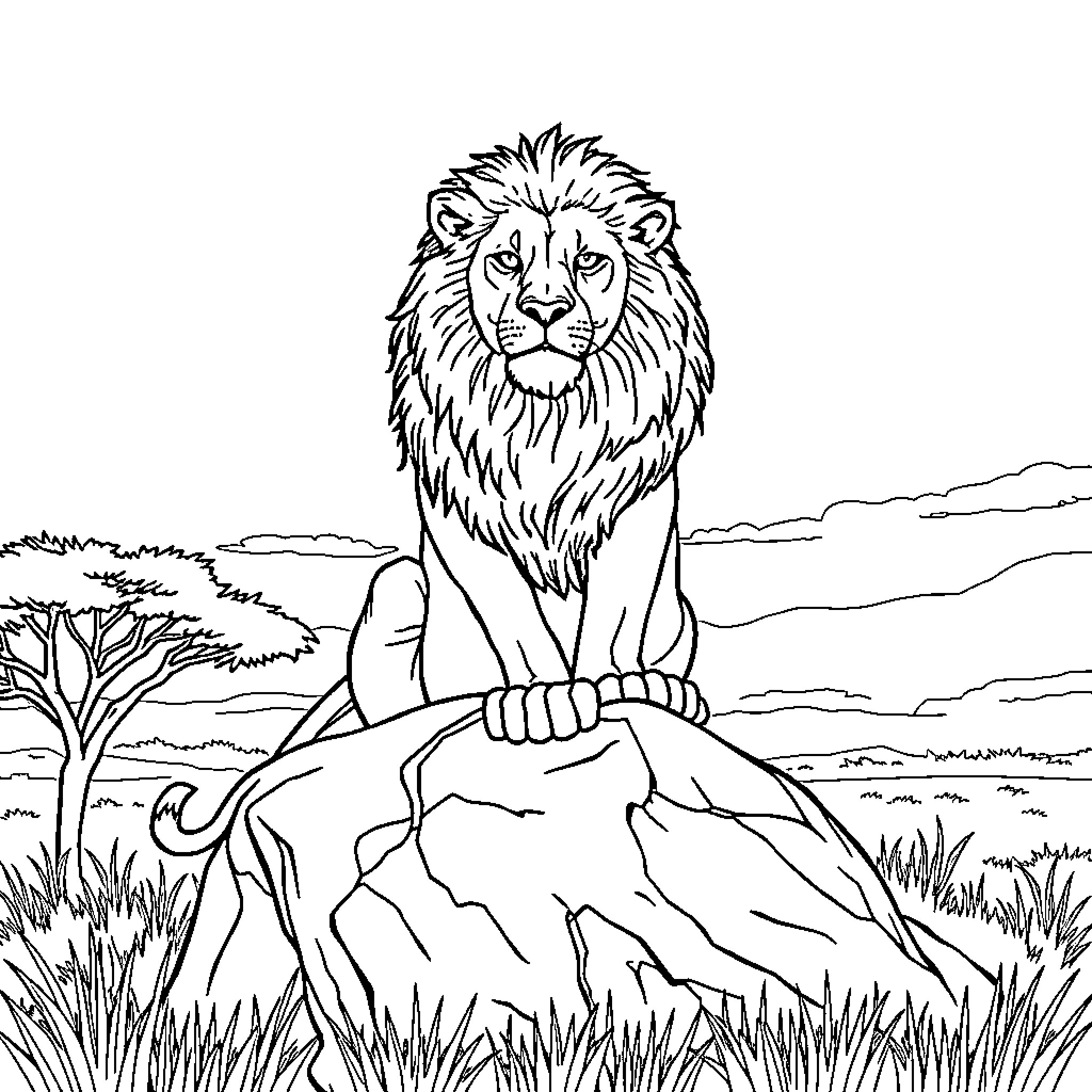 Lion resting on rocky outcrop in African landscape Coloring Page (free black-and-white line drawing printable PDF for all, from beginners to advanced learners, including children, teens, adults, and seniors)