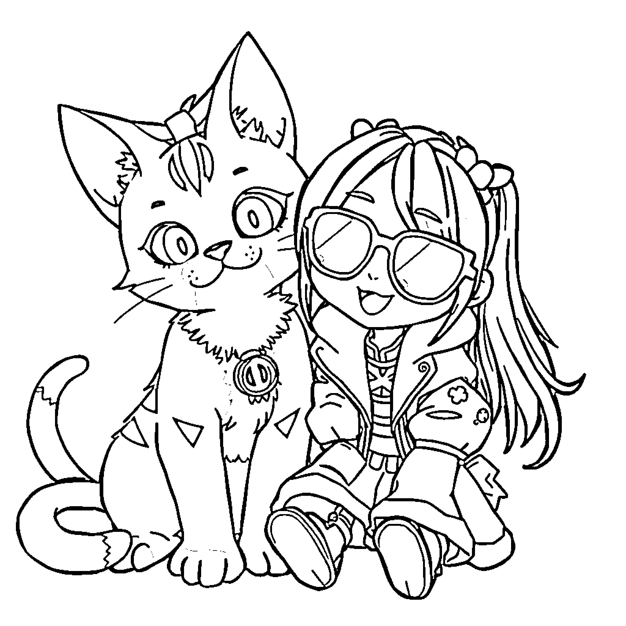 Cat and girl in playful expressions Coloring Page (free black-and-white line drawing printable PDF for all, from beginners to advanced learners, including children, teens, adults, and seniors)