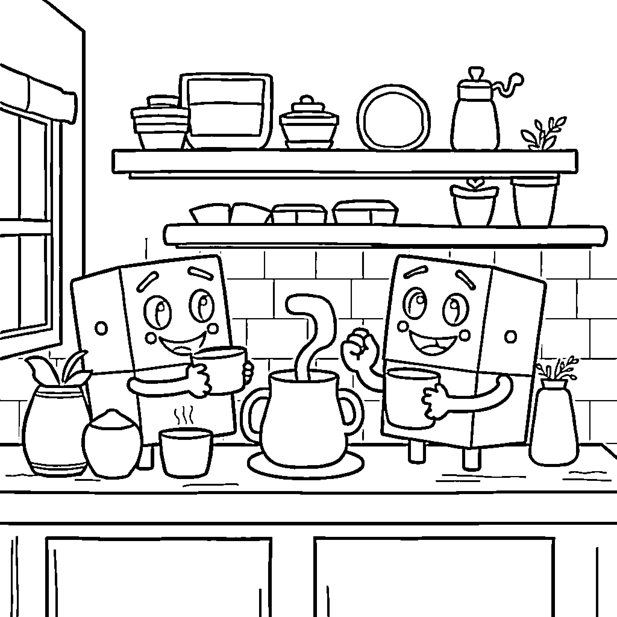 Numberblocks characters in a cozy kitchen Coloring Page (free black-and-white line drawing printable PDF for all, from beginners to advanced learners, including children, teens, adults, and seniors)