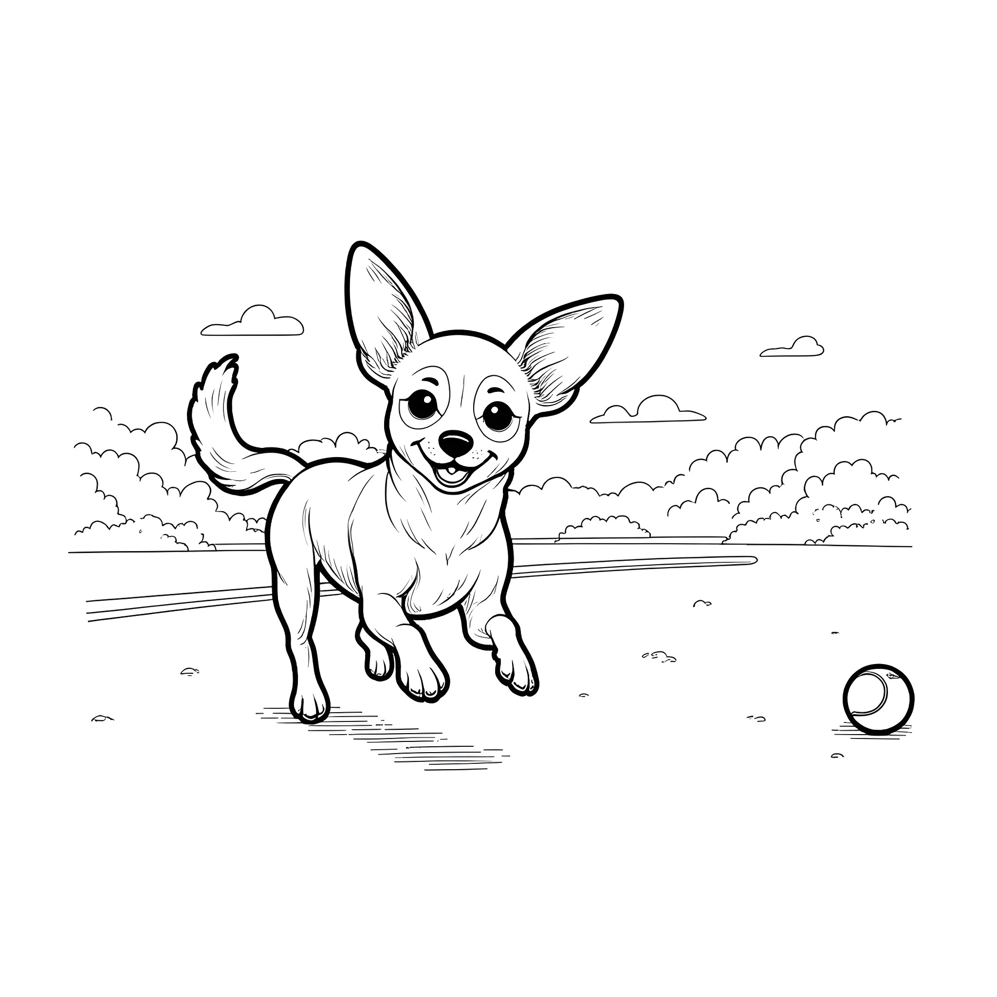 Chihuahua playing happily in the park Coloring Page (free black-and-white line drawing printable PDF for all, from beginners to advanced learners, including children, teens, adults, and seniors)