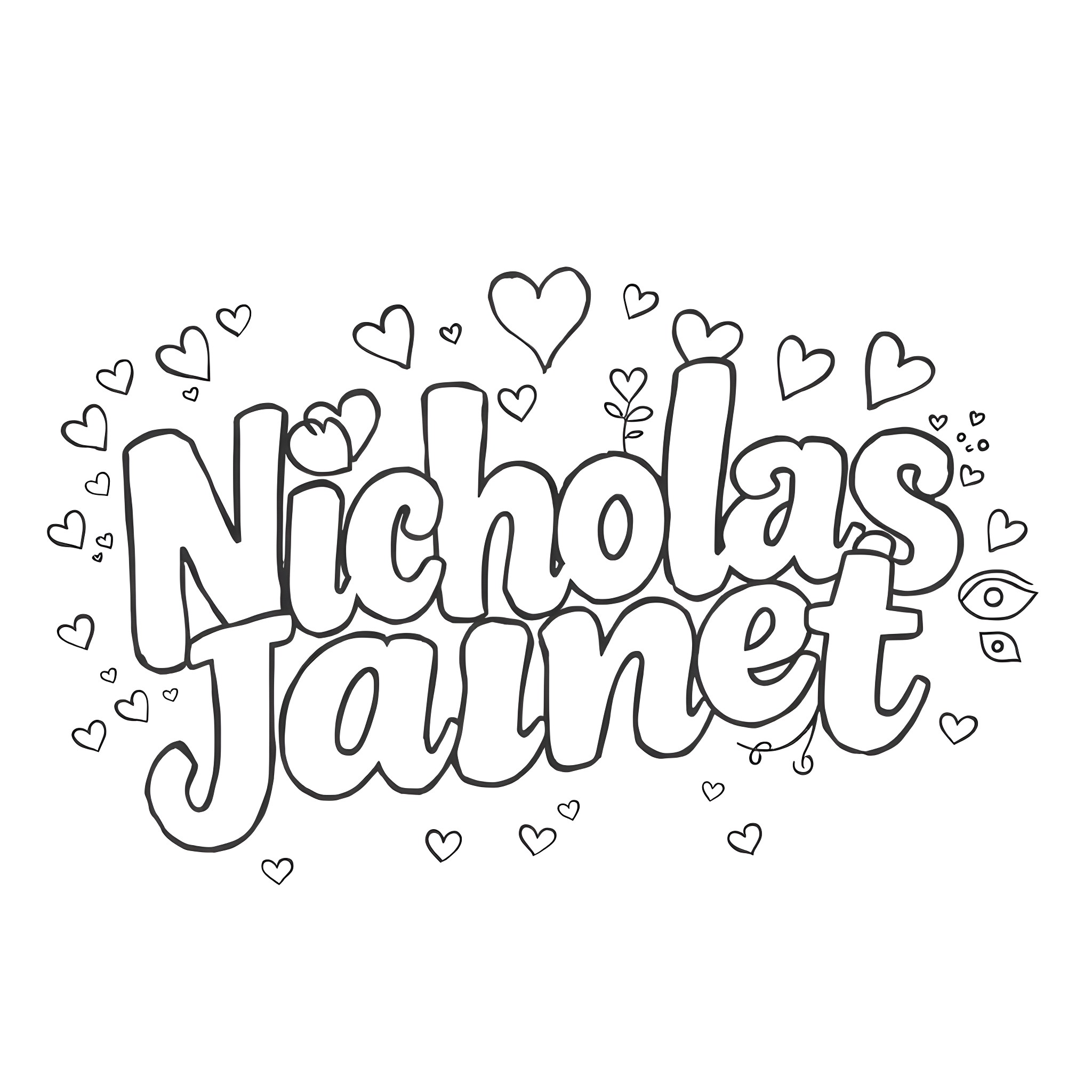 Names painted with heart shapes Coloring Page (free black-and-white line drawing printable PDF for all, from beginners to advanced learners, including children, teens, adults, and seniors)