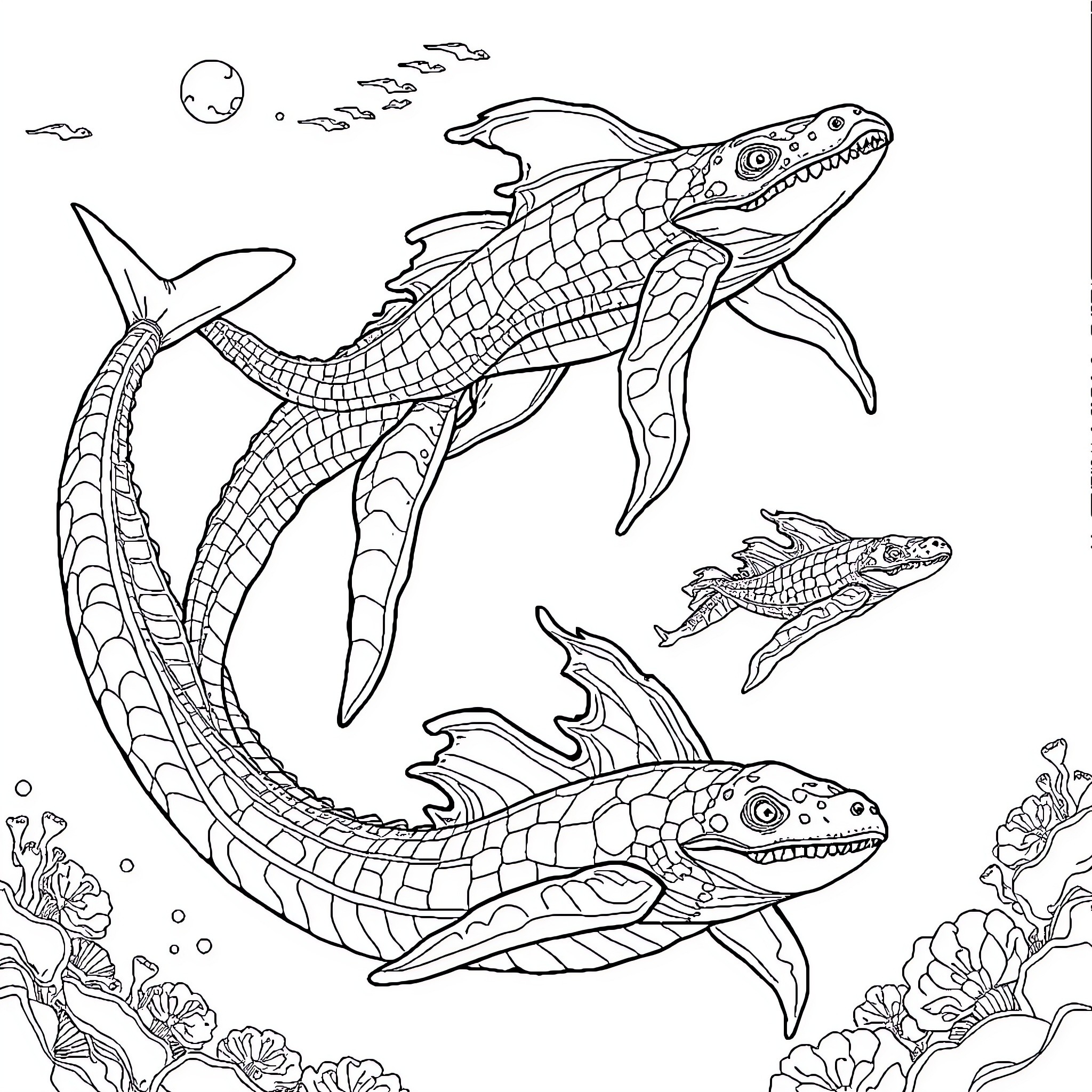Sea Monster Hunting in the Underwater Realm Coloring Page (free black-and-white line drawing printable PDF for all, from beginners to advanced learners, including children, teens, adults, and seniors)