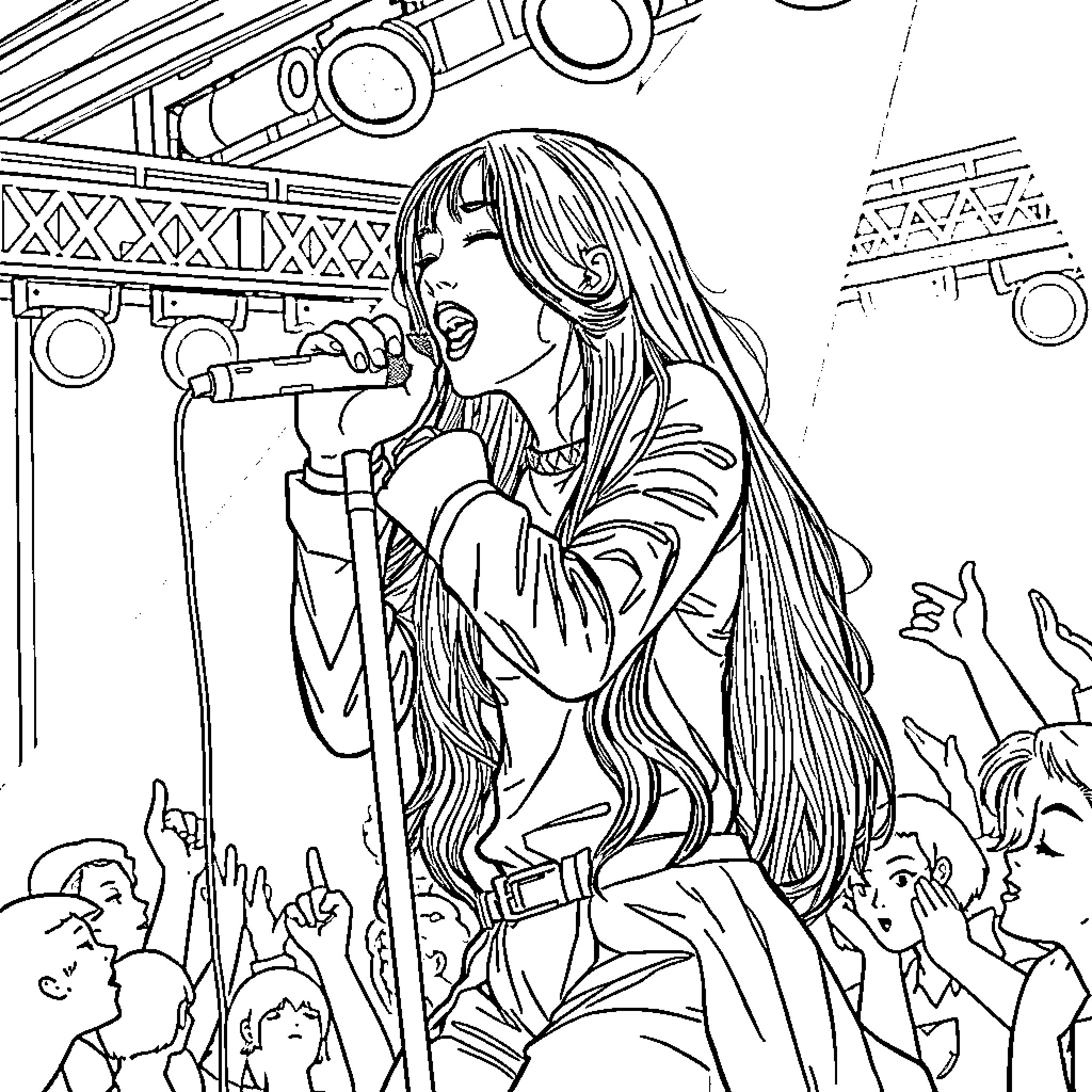 Rumi's Captivating Performance on Stage Coloring Page (free black-and-white line drawing printable PDF for all, from beginners to advanced learners, including children, teens, adults, and seniors)