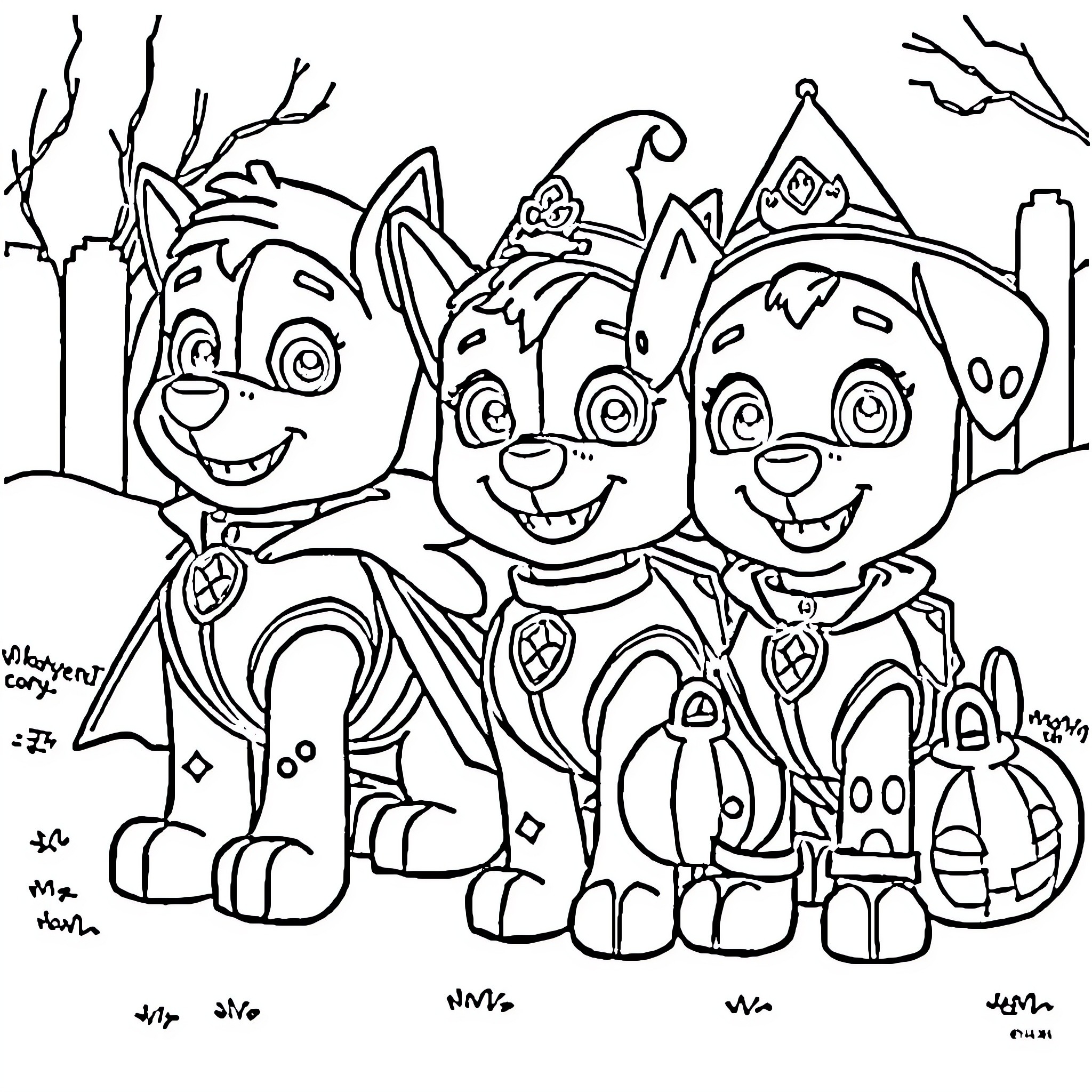 Paw Patrol Pups on Halloween Adventure Coloring Page (free black-and-white line drawing printable PDF for all, from beginners to advanced learners, including children, teens, adults, and seniors)