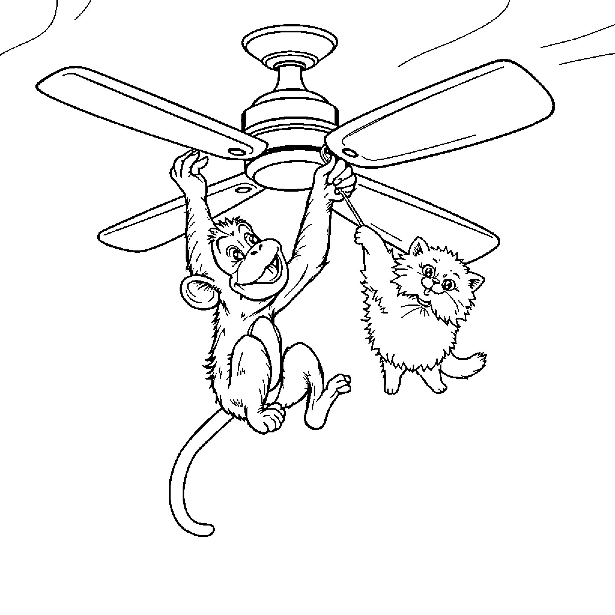 Monkey and Cat Playing on Ceiling Fan Coloring Page (free black-and-white line drawing printable PDF for all, from beginners to advanced learners, including children, teens, adults, and seniors)