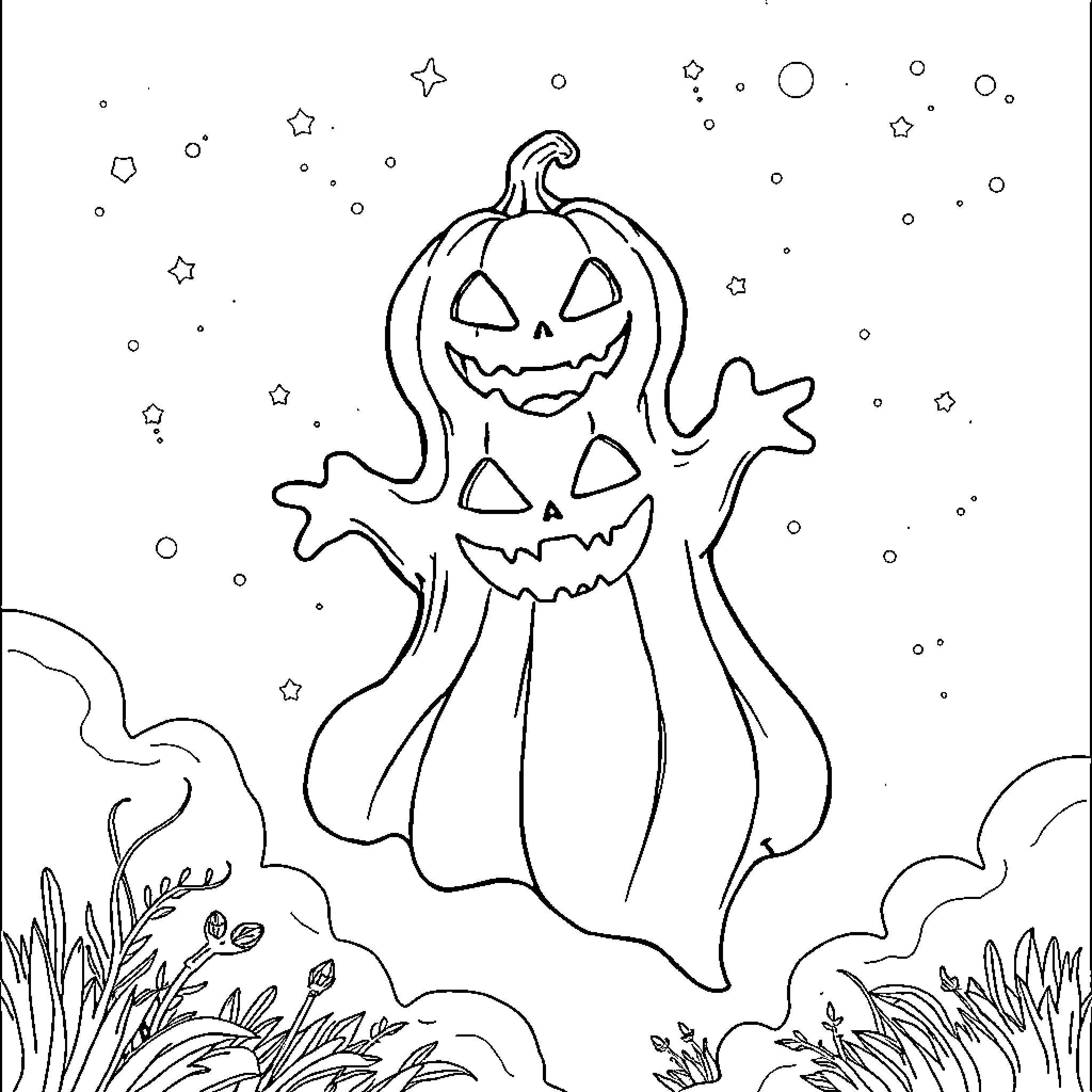Pumpkin ghost floating in the night sky Coloring Page (free black-and-white line drawing printable PDF for all, from beginners to advanced learners, including children, teens, adults, and seniors)