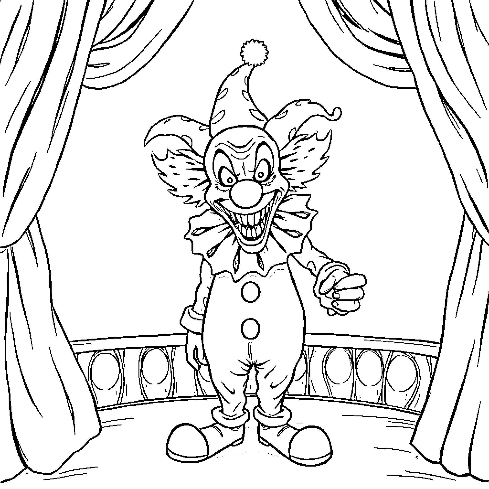 Clown performing on stage with curtains Coloring Page (free black-and-white line drawing printable PDF for all, from beginners to advanced learners, including children, teens, adults, and seniors)
