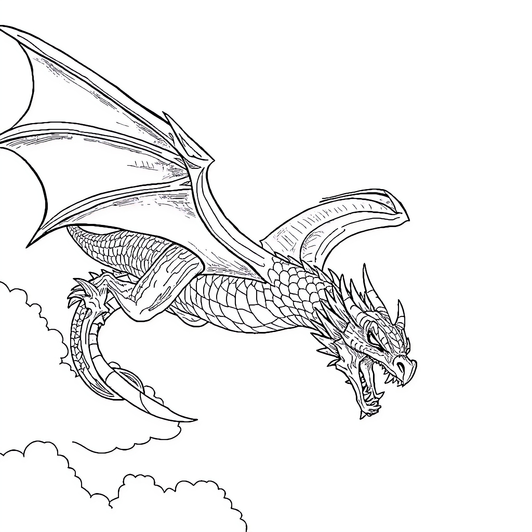 Dragon soaring through the clouds Coloring Page (free black-and-white line drawing printable PDF for all, from beginners to advanced learners, including children, teens, adults, and seniors)