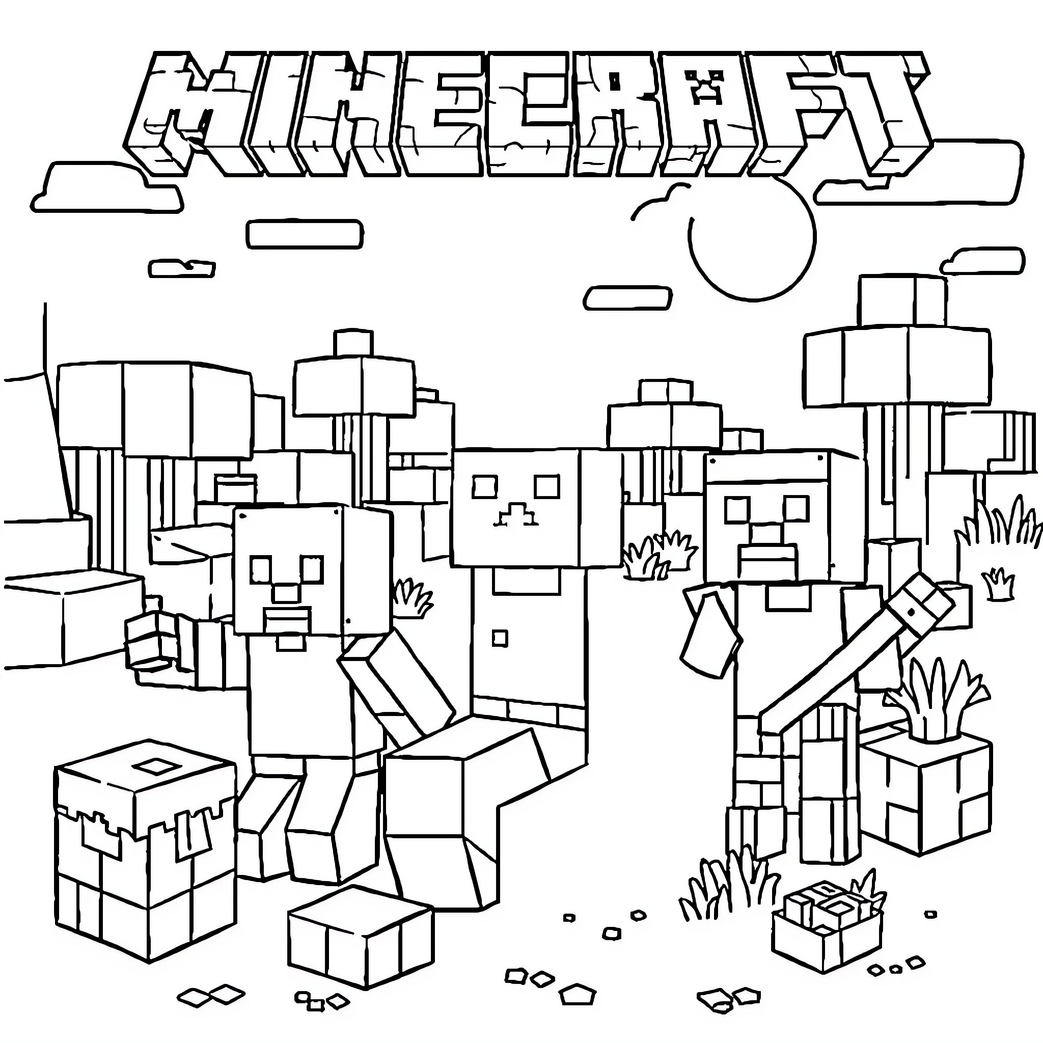 Minecraft Exploring the Block-Based Landscape Coloring Page (free black-and-white line drawing printable PDF for all, from beginners to advanced learners, including children, teens, adults, and seniors)