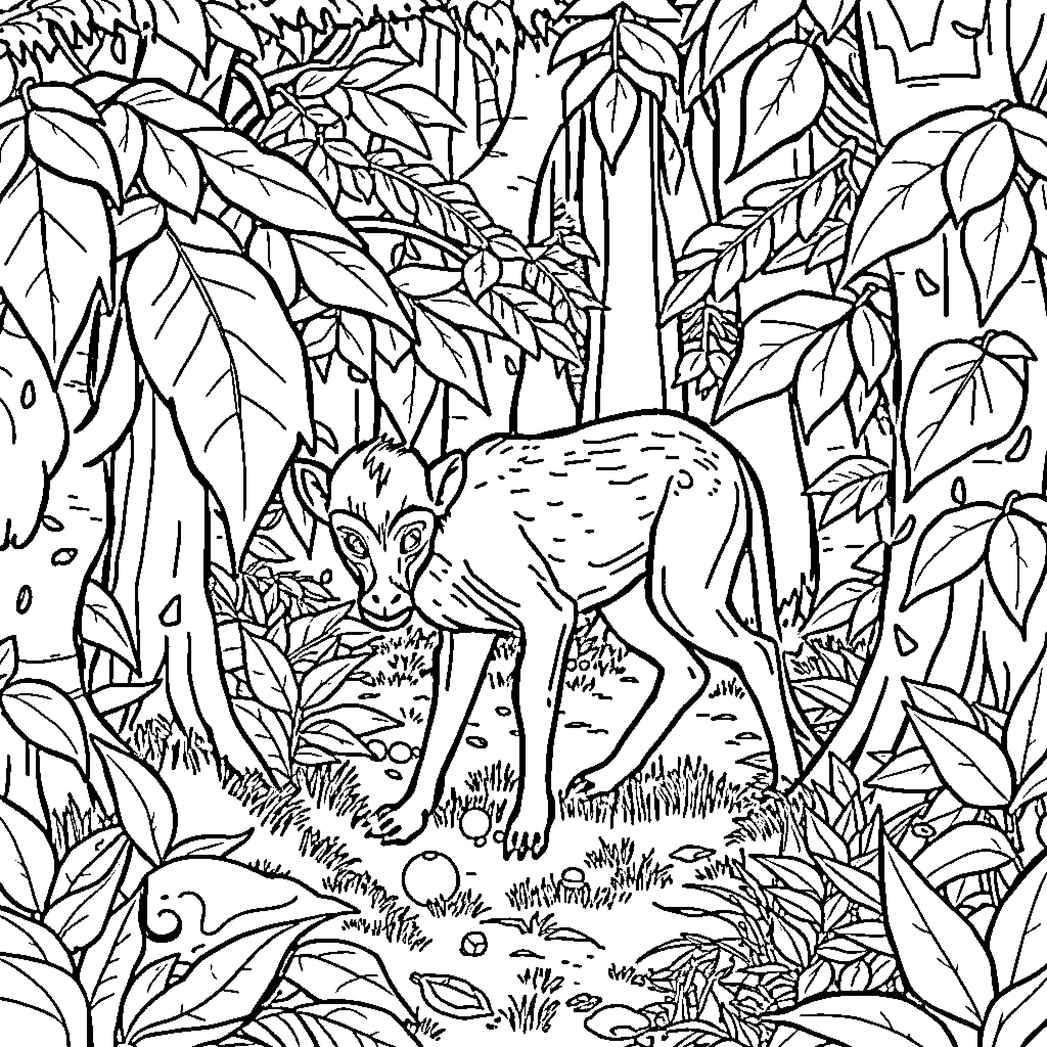 Monkey Deer exploring the lush jungle foliage Coloring Page (free black-and-white line drawing printable PDF for all, from beginners to advanced learners, including children, teens, adults, and seniors)