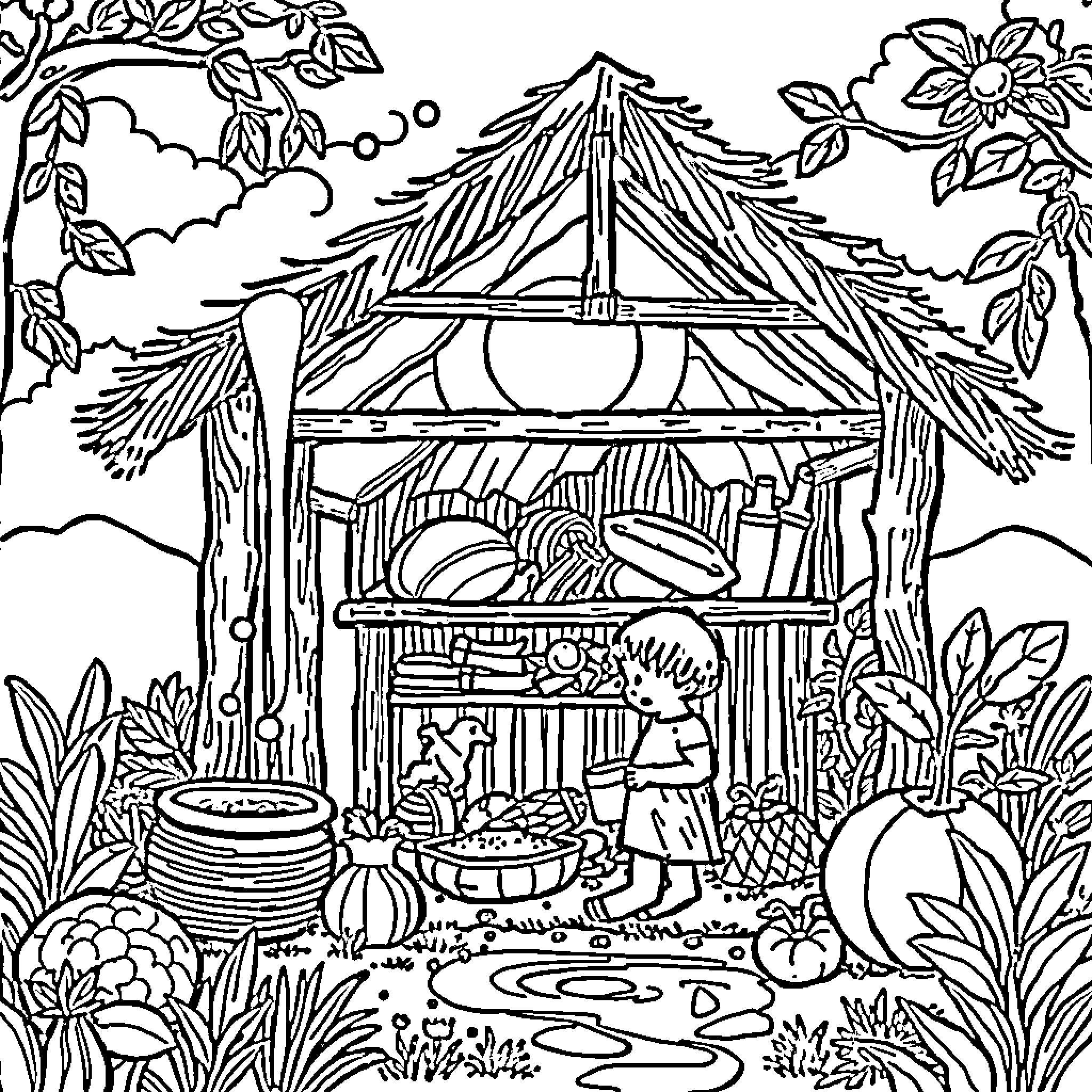 Basic Needs for Survival in the Wild Coloring Page (free black-and-white line drawing printable PDF for all, from beginners to advanced learners, including children, teens, adults, and seniors)