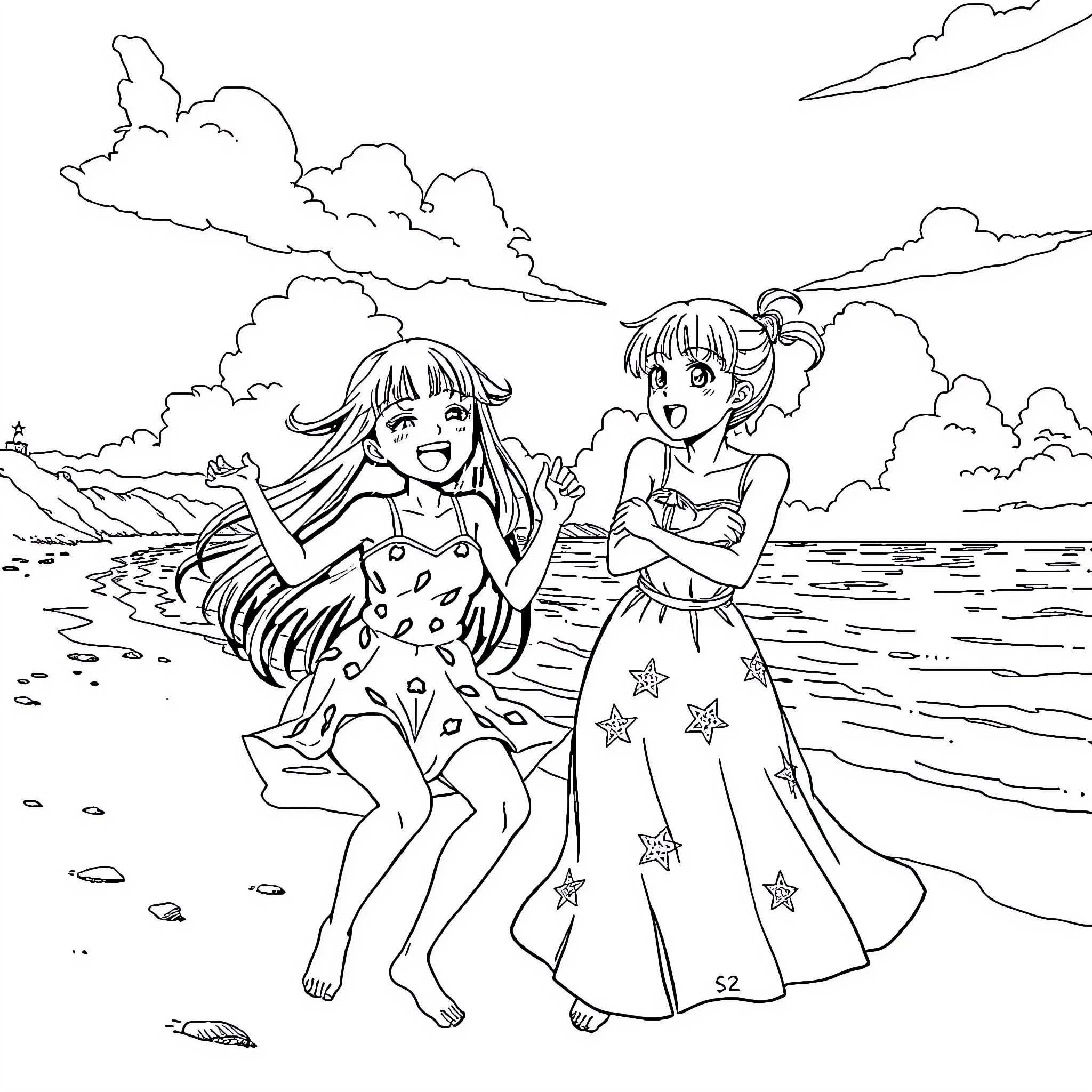 Nezuko playing joyfully with her friend on the beach Coloring Page (free black-and-white line drawing printable PDF for all, from beginners to advanced learners, including children, teens, adults, and seniors)