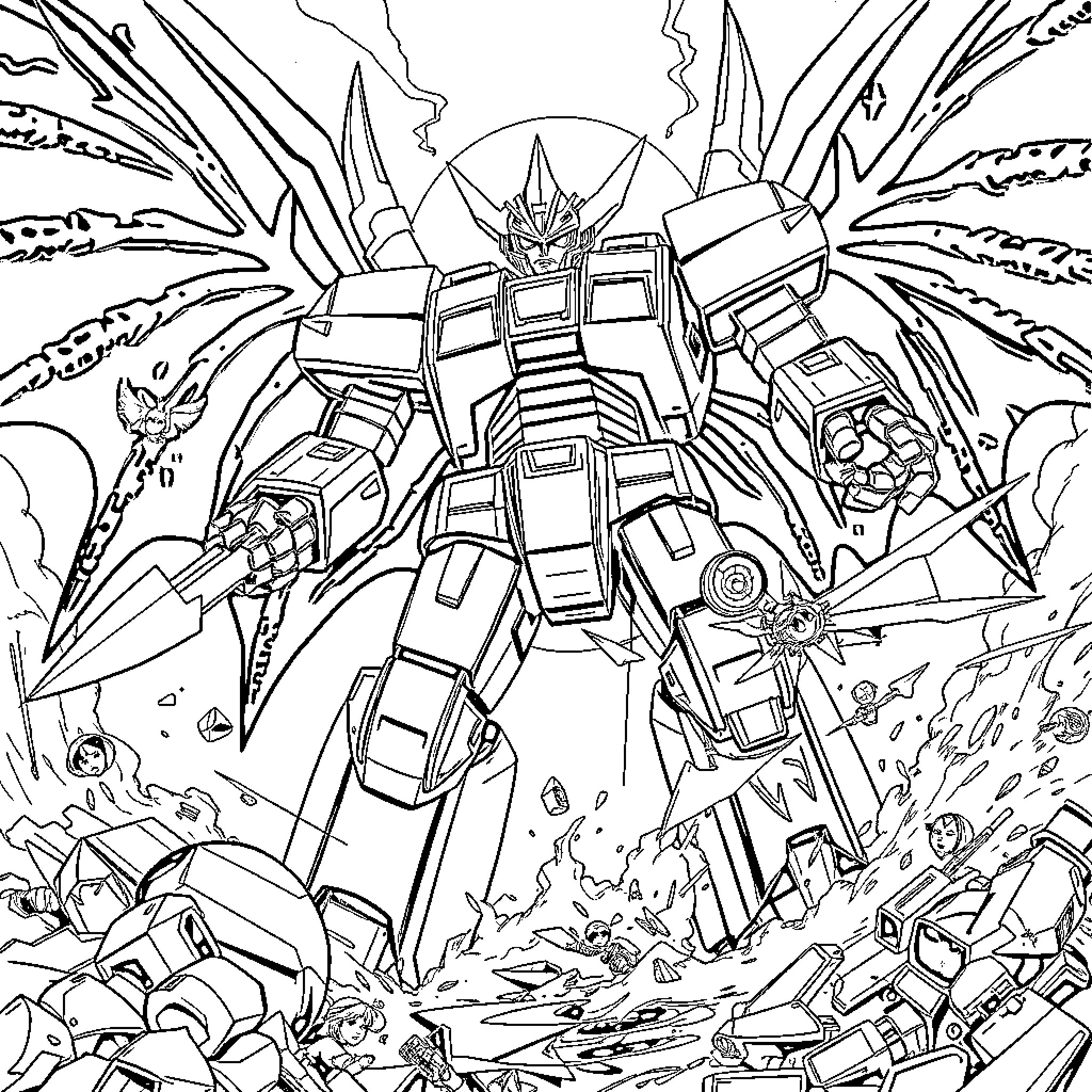 Robot in an epic battle scene Coloring Page (free black-and-white line drawing printable PDF for all, from beginners to advanced learners, including children, teens, adults, and seniors)