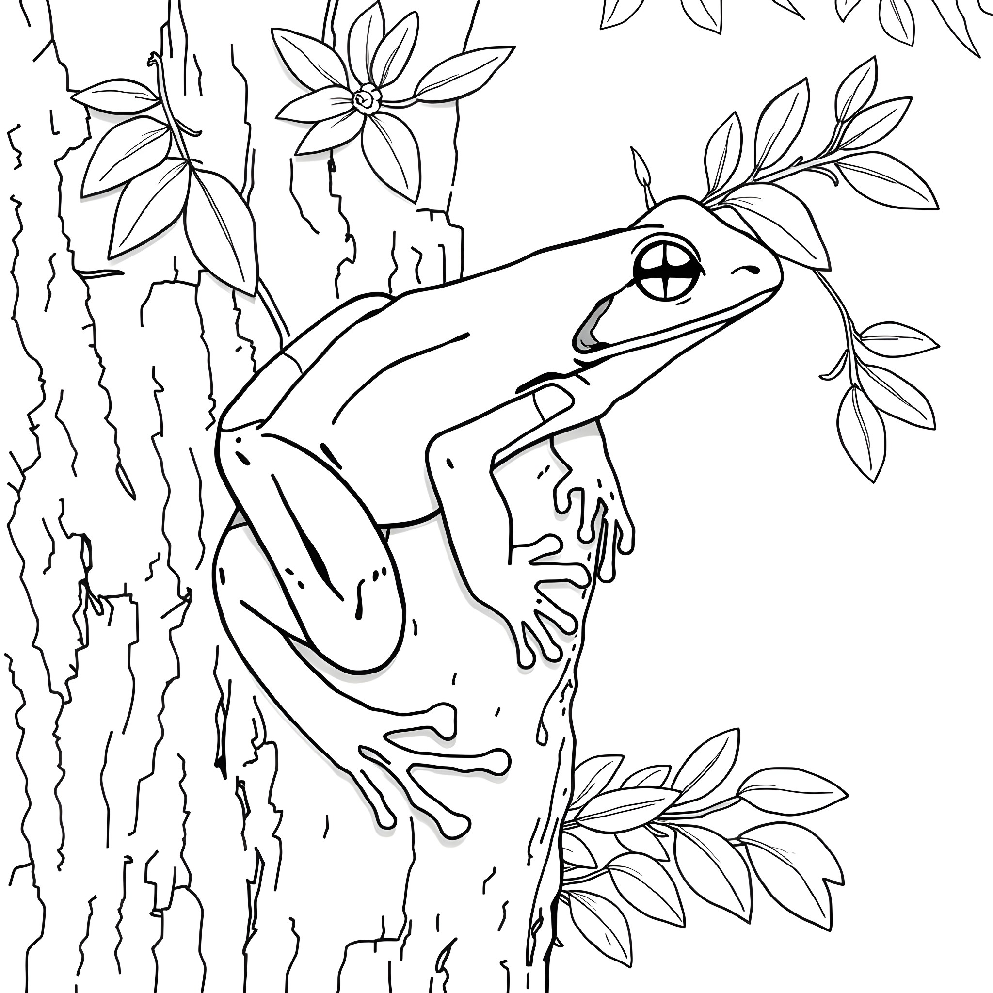 Frog resting on a tree branch with flowers Coloring Page (free black-and-white line drawing printable PDF for all, from beginners to advanced learners, including children, teens, adults, and seniors)