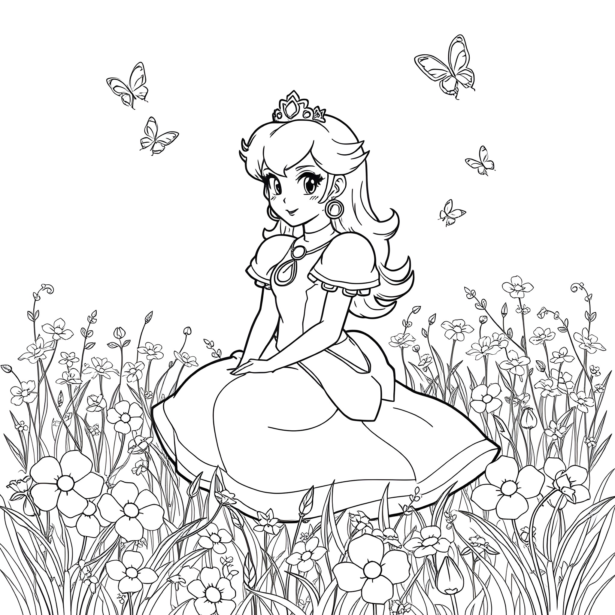 Princess Peach surrounded by butterflies and flowers Coloring Page (free black-and-white line drawing printable PDF for all, from beginners to advanced learners, including children, teens, adults, and seniors)
