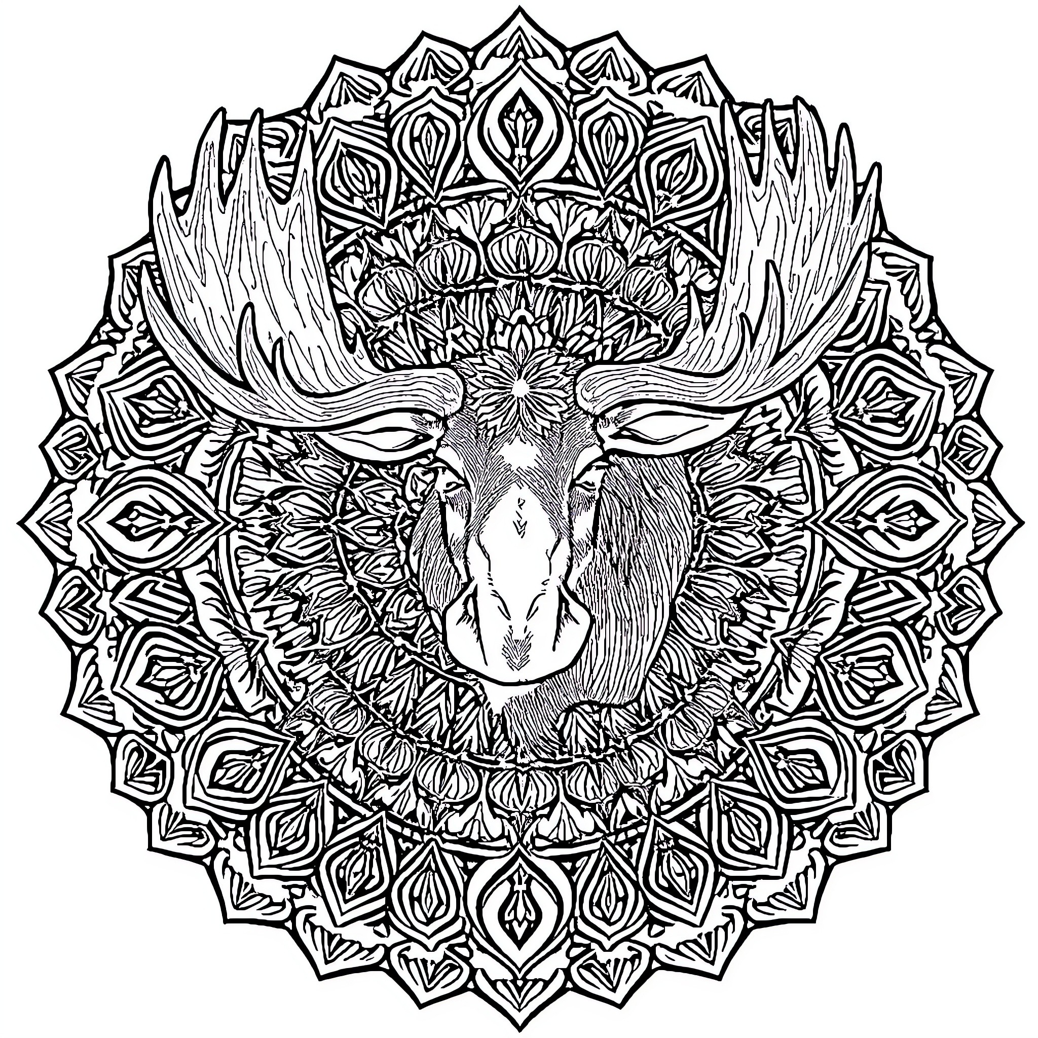 Moose in ornate floral mandala design Coloring Page (free black-and-white line drawing printable PDF for all, from beginners to advanced learners, including children, teens, adults, and seniors)