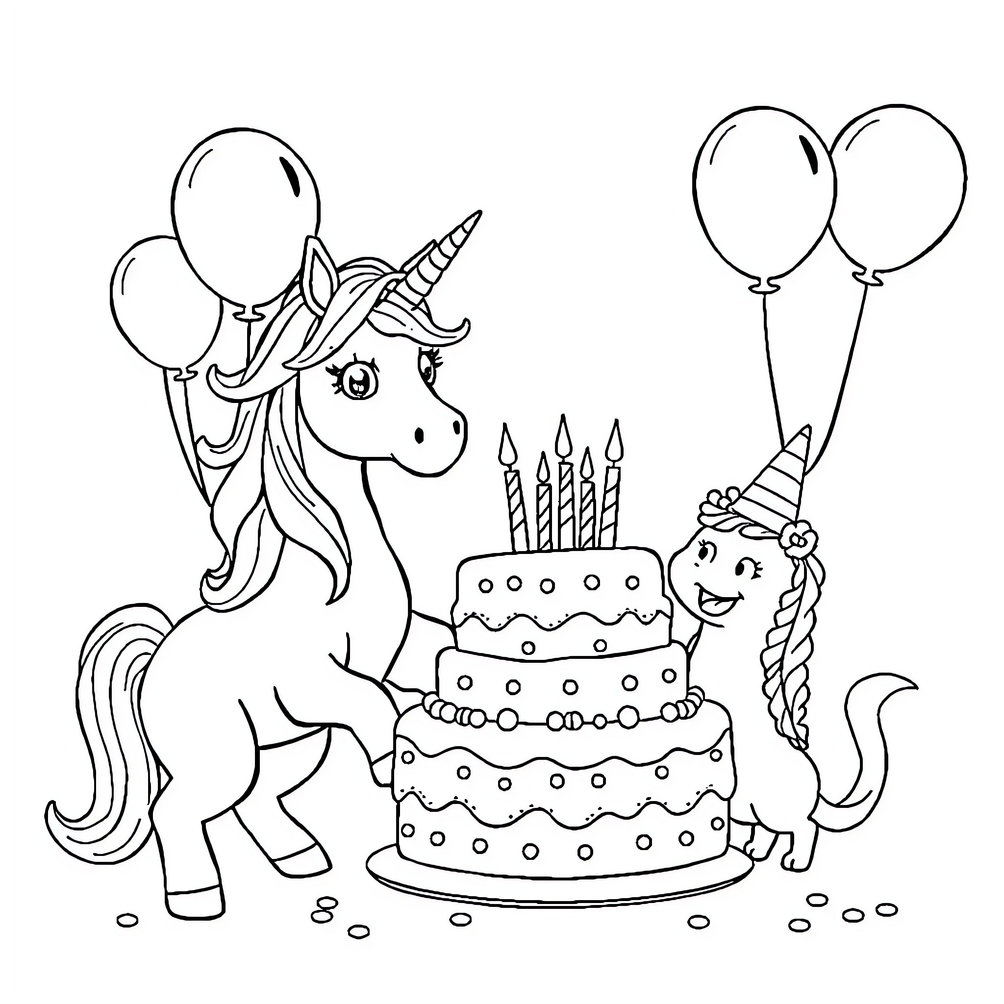 Unicorn celebrating birthday with cake and balloons Coloring Page (free black-and-white line drawing printable PDF for all, from beginners to advanced learners, including children, teens, adults, and seniors)